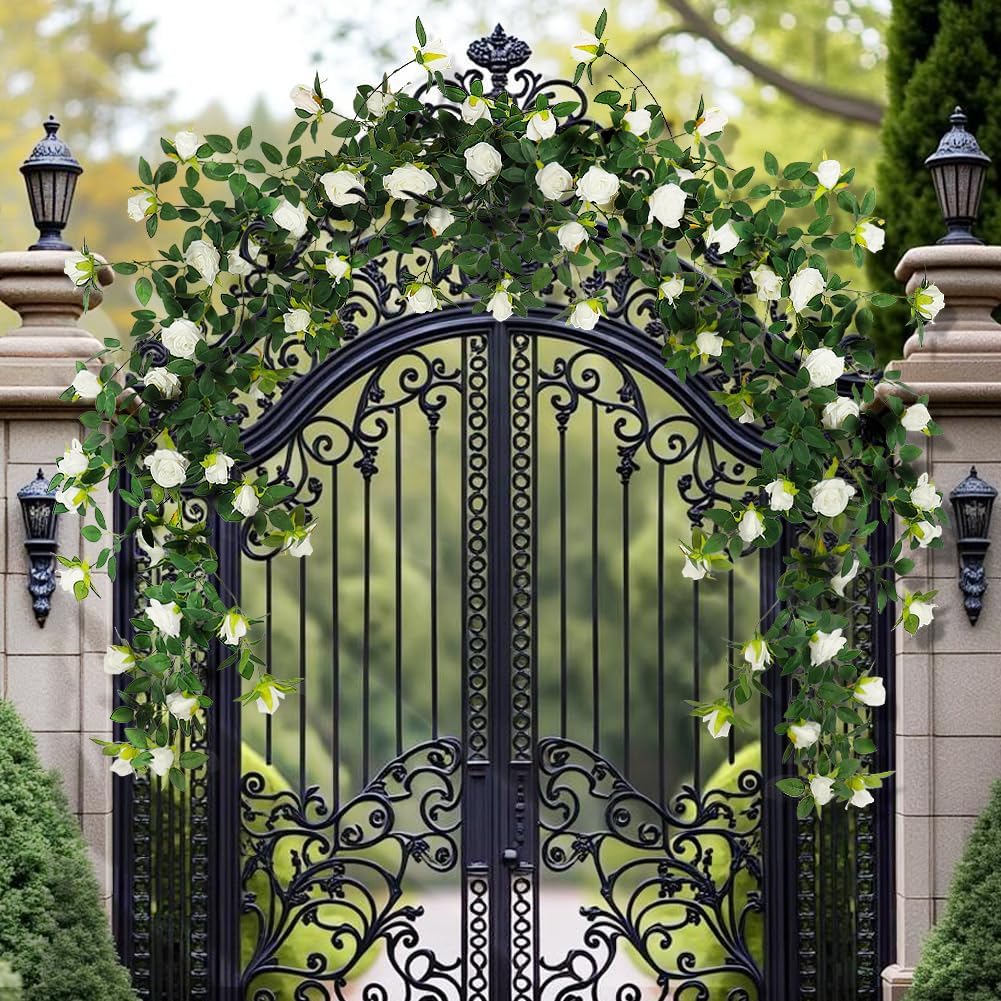2Pcs Artificial Flower Garland 5.9ft Bendable Fake Rose Vine Hanging Silk Ivy Floral Plants Garland for Wedding Arch Party Outdoor Garden Ceremony Background Trellis Fence, Total 11.8Ft, White