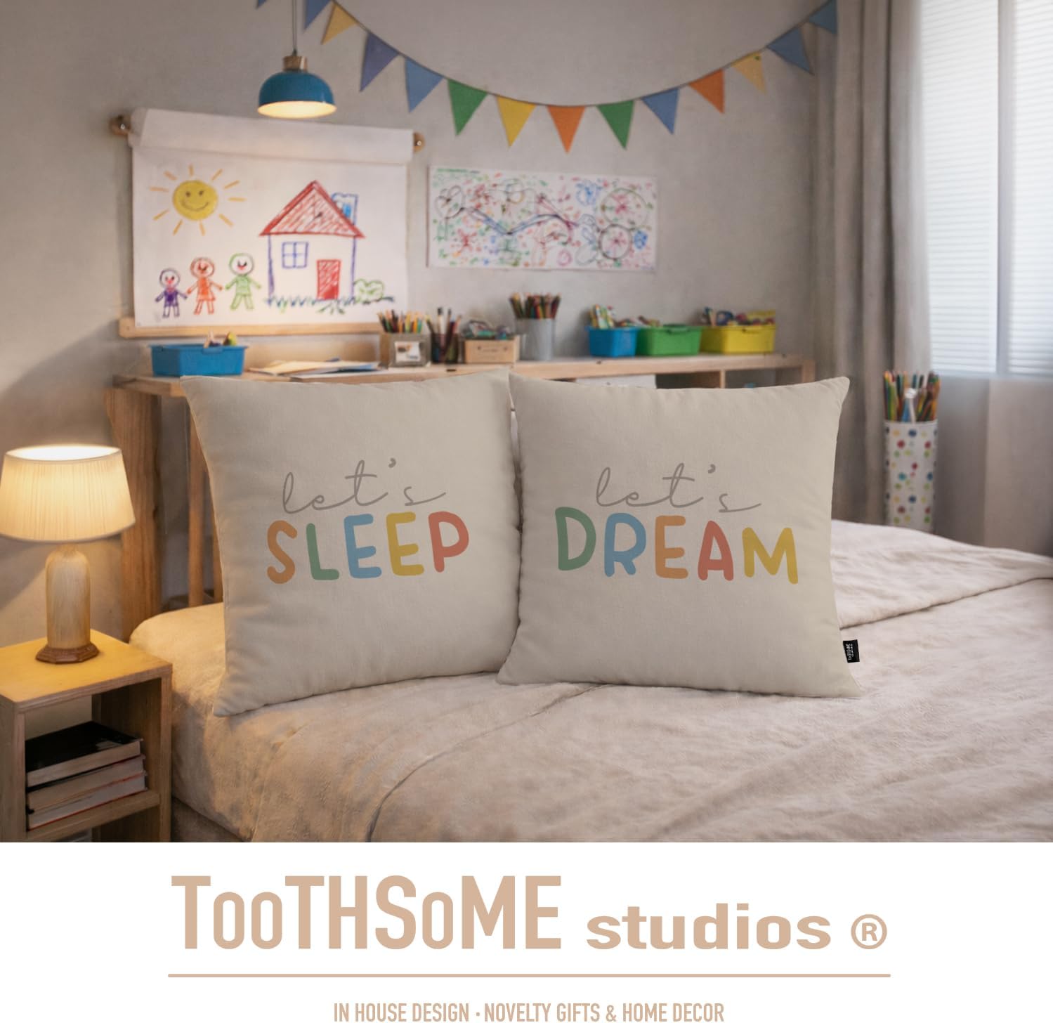 Toothsome Studios Let's Sleep, Let's Dream, Cute Kids Room Throw Pillow Cover Set, 15.75" x 15.75", Polyester, 2-Pack (Let'sSleep/Dream)