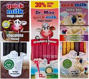 3 x Mixed Quick Milk Magic Sipper Chocolate , Strawberry, Unicorn Straws