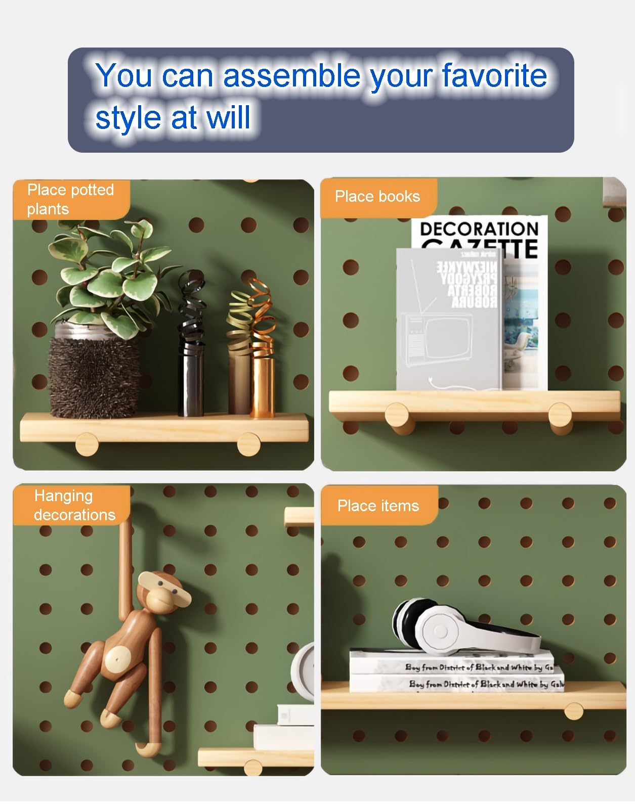 Stecktafel aus Holz, Stecktafel-Wandhalterung, Display-Stecktafel, Holz-Garage, Stecktafel-Wand-Organizer, Stecktafel-Panel-Kit, Installationszubehör für Küche, Wohnzimmer, Büro (grün, 60 x