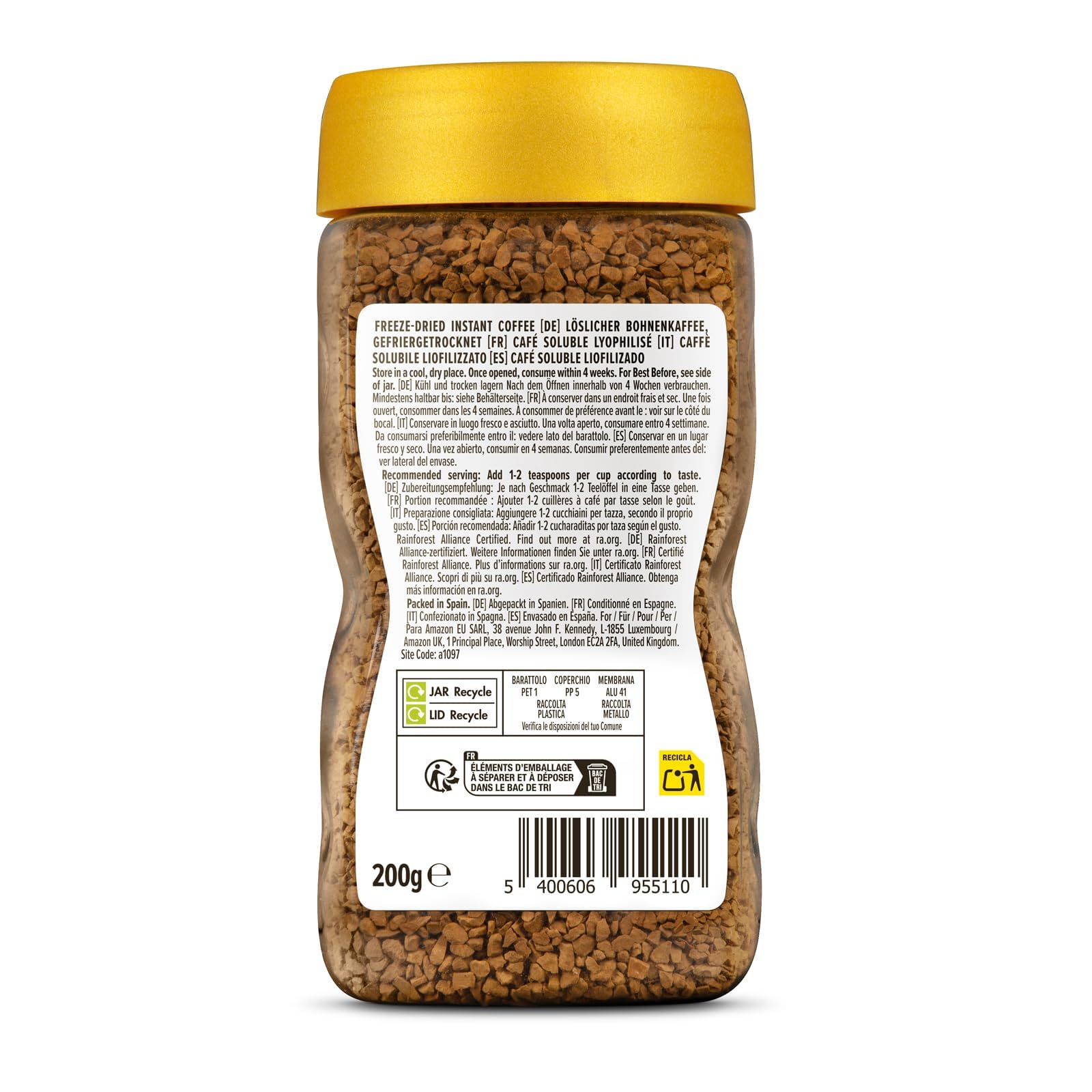 by Amazon - Café soluble liofilizado Gold, tueste medio, 200g, paquete de 6, certificado Rainforest Alliance