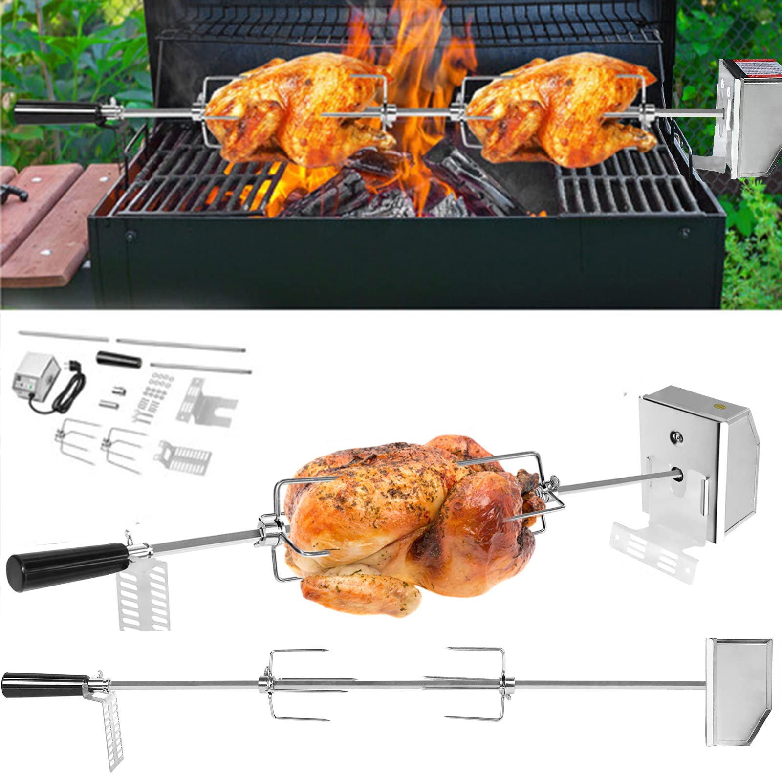 YRHome Lot de 2 brochettes de barbecue en acier inoxydable avec moteur - 117 cm - Convient pour barbecue à gaz avec 2 pinces à viande, poignée et moteur - 220 V - 240 V
