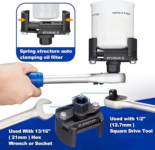 Miniatura 5 de Spurtar Llave de filtro de aceite ajustable de 2-38 a 3-18 pulgadas 2.362-3.150 in, herramienta universal de extracción de filtro de aceite de 12