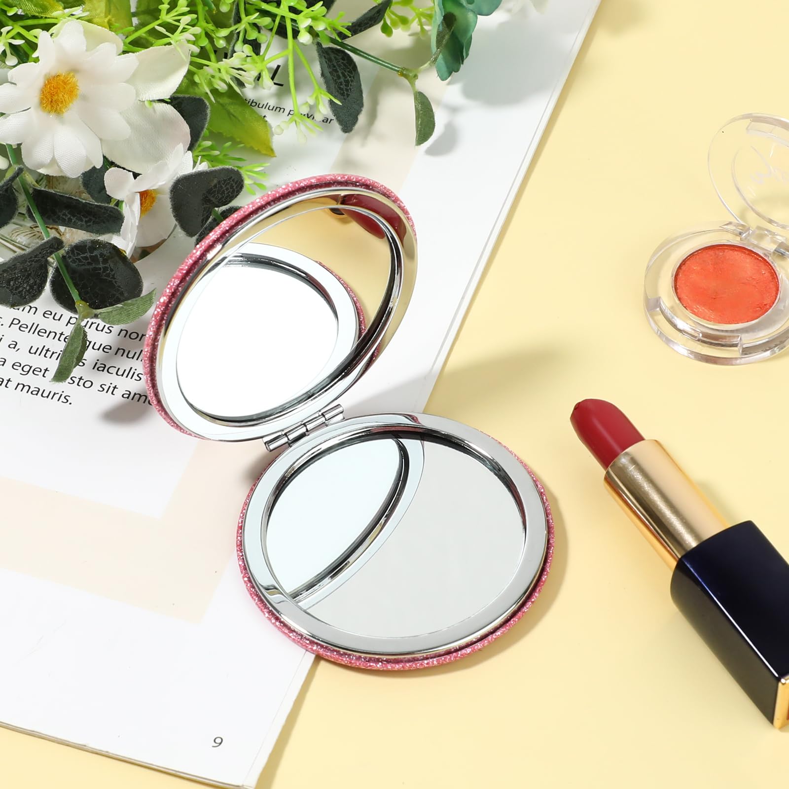 Dimeho Cosmetic Compact Mirror Folding Glitter Round Mini Makeup Mirror Portable Bling Magnifying Vanity Mirror Cute Travel Double Sided Mirror for Women Purse Handbag Wallet Home Office