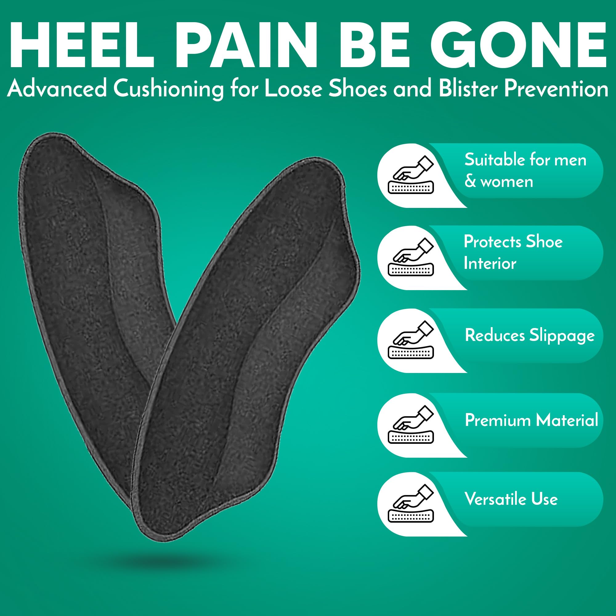 Comfwalk Almohadillas de agarre para el talón, 4 pares, autoadhesivas, inserciones en forma de labio para zapatos sueltos, prevención de ampollas y comodidad del talón (negro)