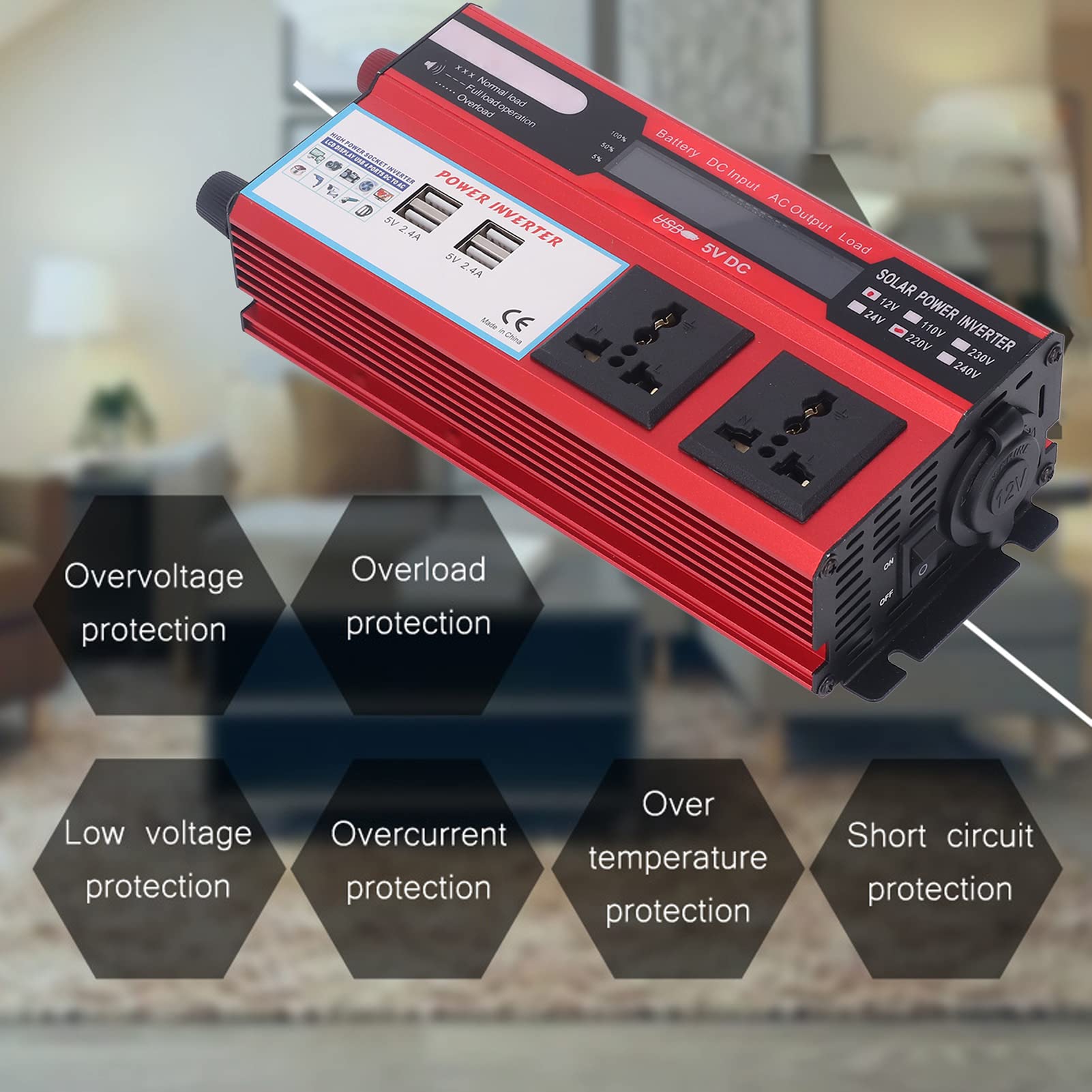 Inversor de Corriente de 500W DC12V a AC220V Inversor de Coche con 4 Puertos USB