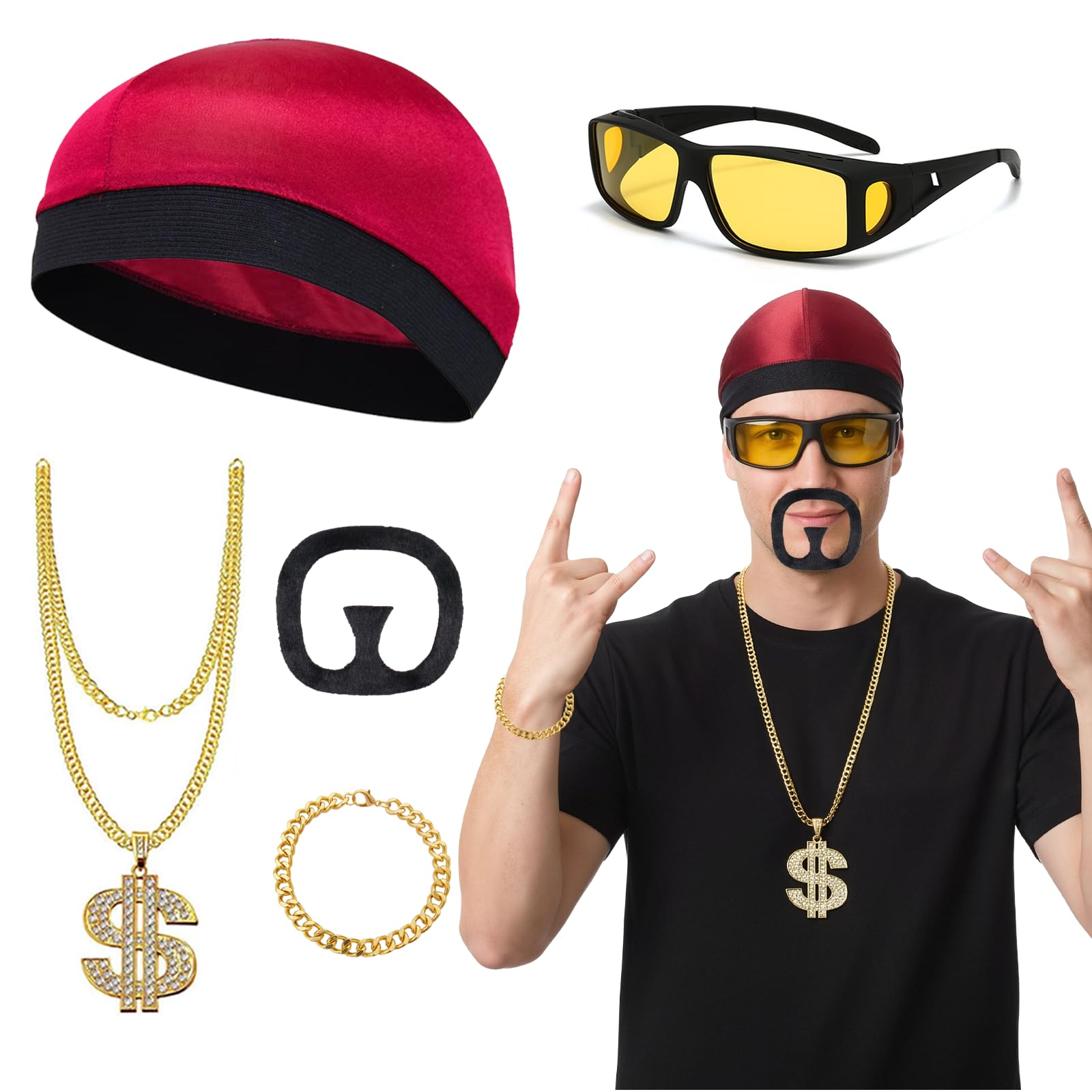 Xerteam 90s Rapper Fancy Dress Accessories Set for Men,5 Pcs Ali Rapper G Costume- Hat, Glasses, Gold Chain, Bracelet & Beard, Funny Hip Hop Halloween Stag Do Costume (Red)
