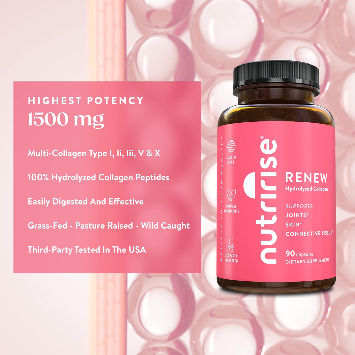 NutriRise Hydrolyzed Collagen Complex, Maximum Strength 1500 mg: Multi Collagen Peptides Supplement for Skin Care, Hair, Nails & Joints, Anti-Aging Amino Acid Supplement for Men & Women, 90 Count