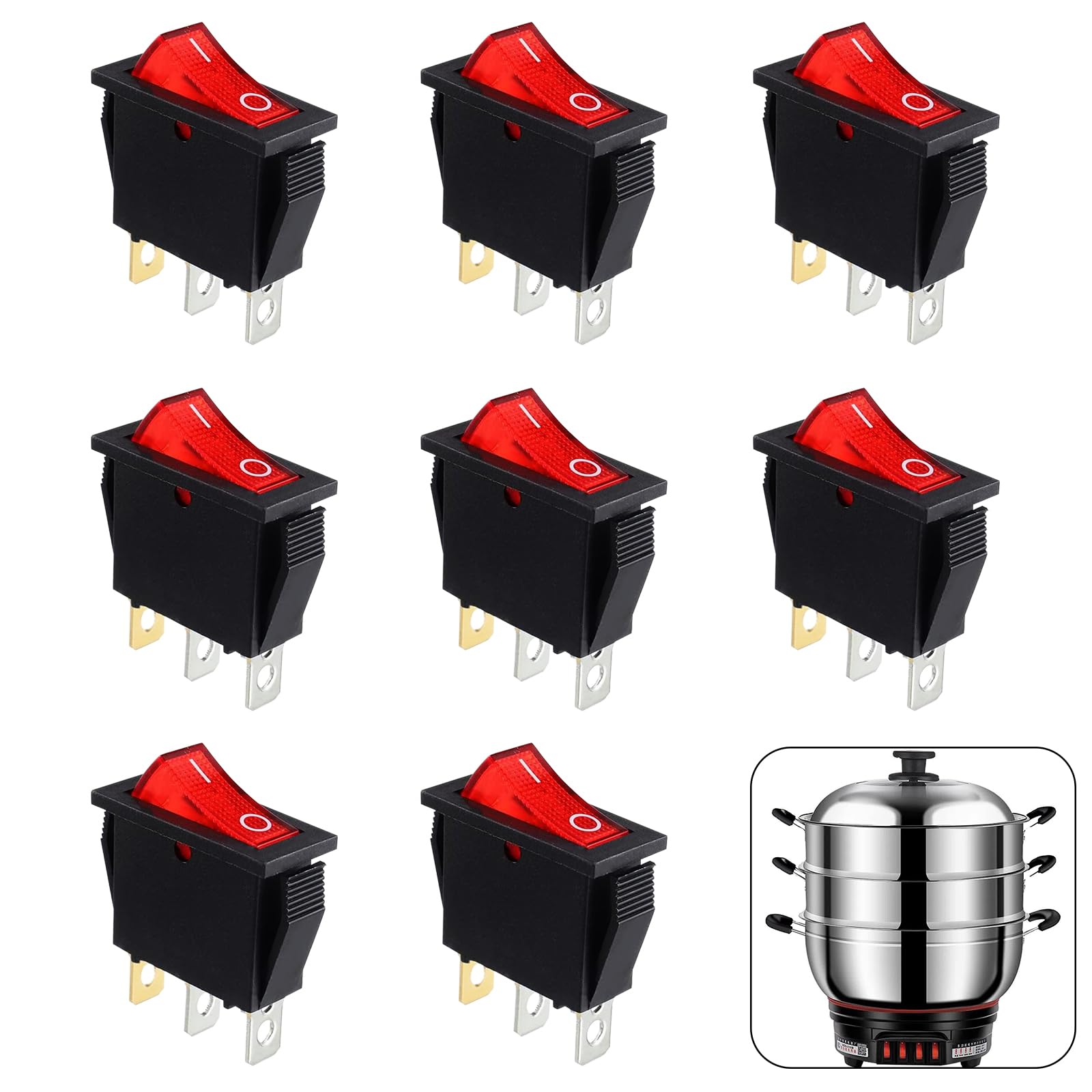 KCD3 SPST 3-Pin ON-OFF 3-Position Rocker Toggle Switch with Red Light, 8PCS for Household Appliances, Boats, and Industrial Equipment