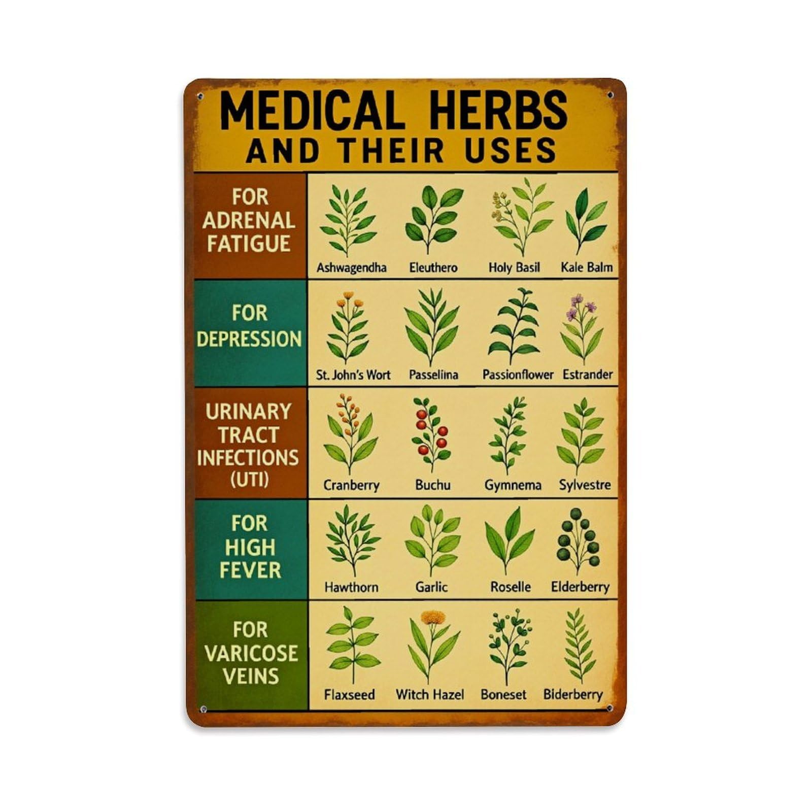 Enderetf Vintage Medical Herbs And Their Uses Tin Sign Metal Poster, Home Bar Garage Man Cave Cafe Indoor & Outdoor Wall Decoration 8X12inches