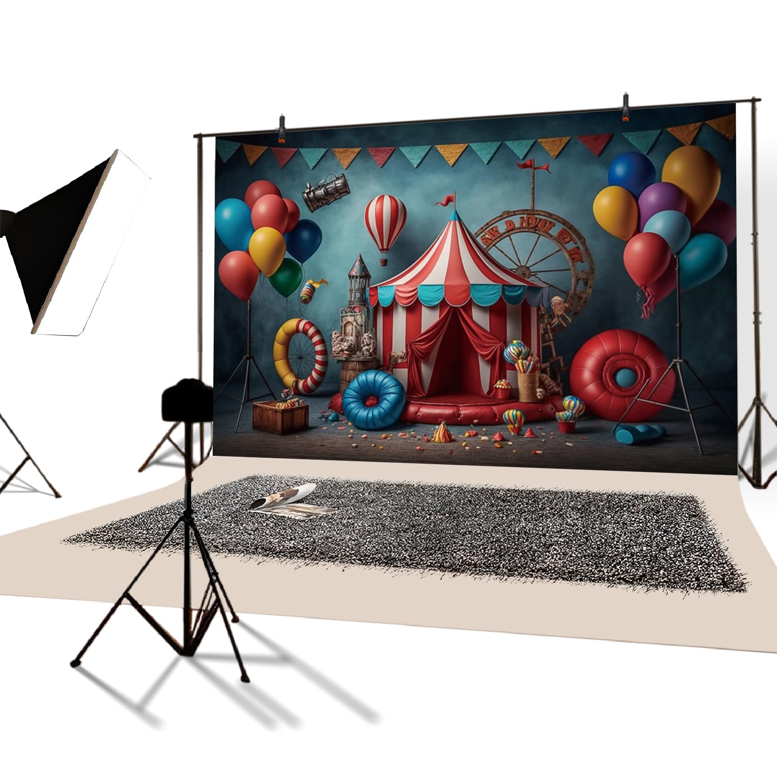 YongFoto 4,5x3m Circo Sfondo fotografico Tenda Rossa Bandiera Triangolare Pallone Stage Vintage ▾ Foto sfondo per bambini Notte di Carnevale Oggetti di scena per servizi fotografici in studio