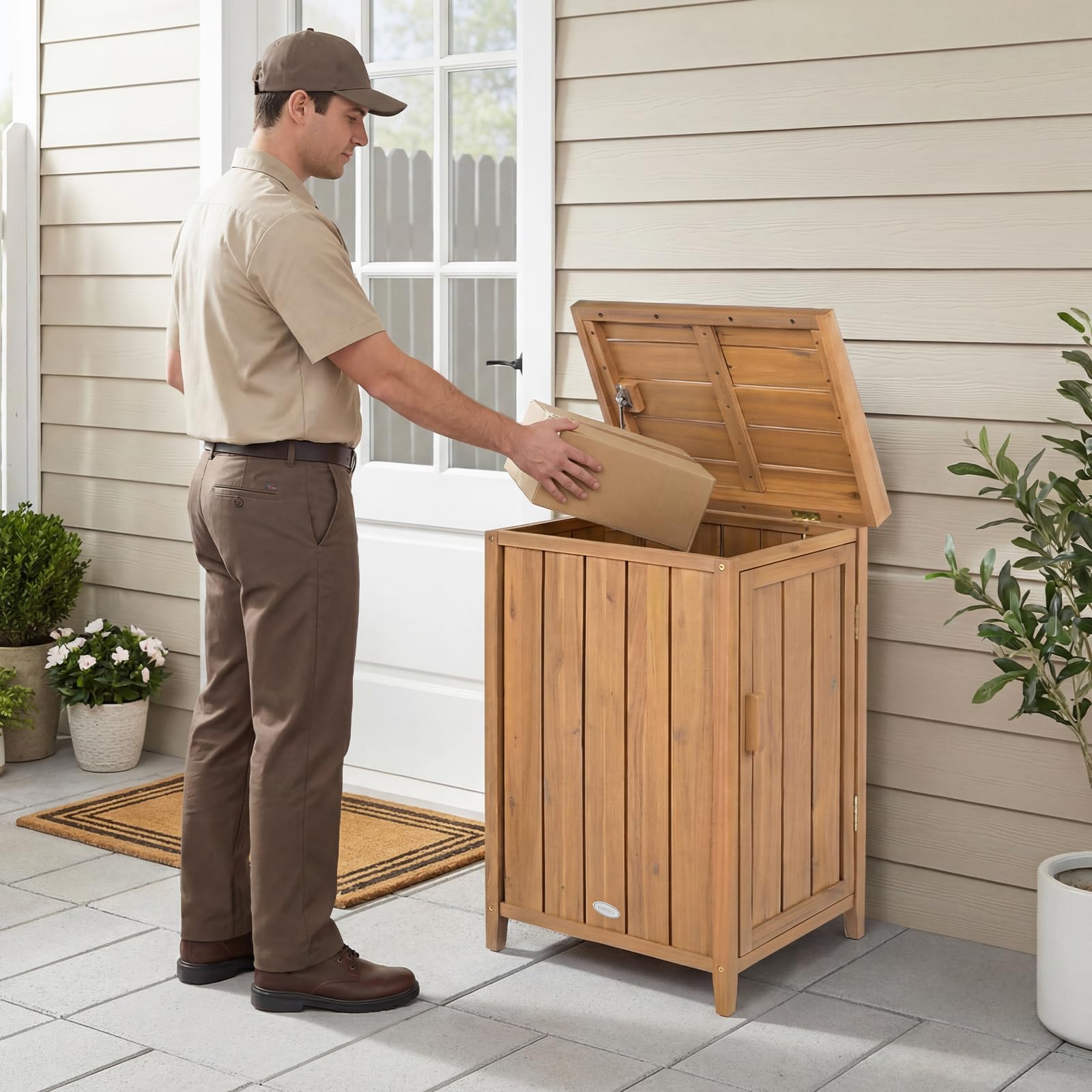 COSTWAY Armadio da Esterno in Legno Massello con Ripiano Rimovibile, Casetta Porta Attrezzi con Porta e Coperchio Apribile, Contenitore per Bidoni Spazzatura per Giardino, Cortile e Patio
