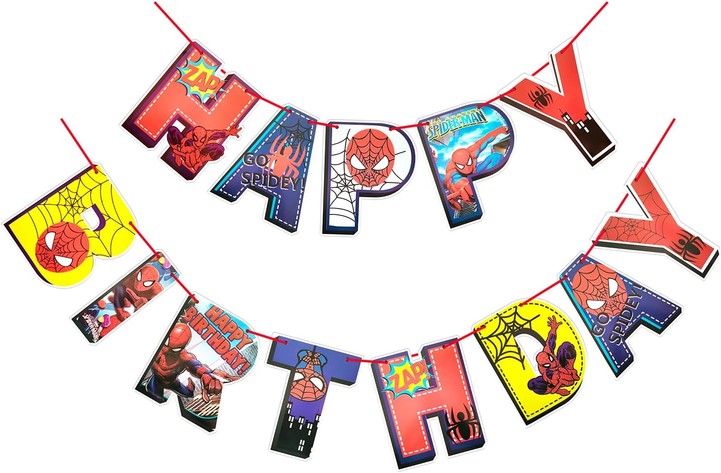 Propsicle Action Super-Hero Spider man Themed Happy Birthday Banner | Birthday Party Decoration Flags with Ribbon | Super Hero Themed Bunting Flags (Pack of 13 Flags)