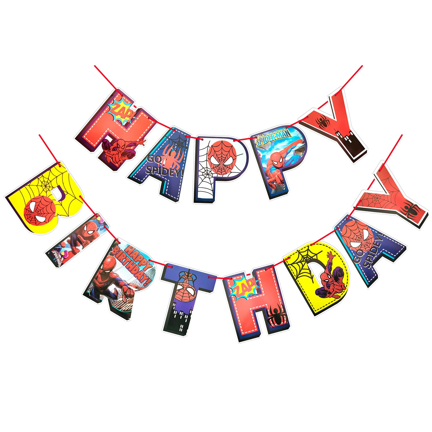 Propsicle Action Super-Hero Spider man Themed Happy Birthday Banner | Birthday Party Decoration Flags with Ribbon | Super Hero Themed Bunting Flags (Pack of 13 Flags)
