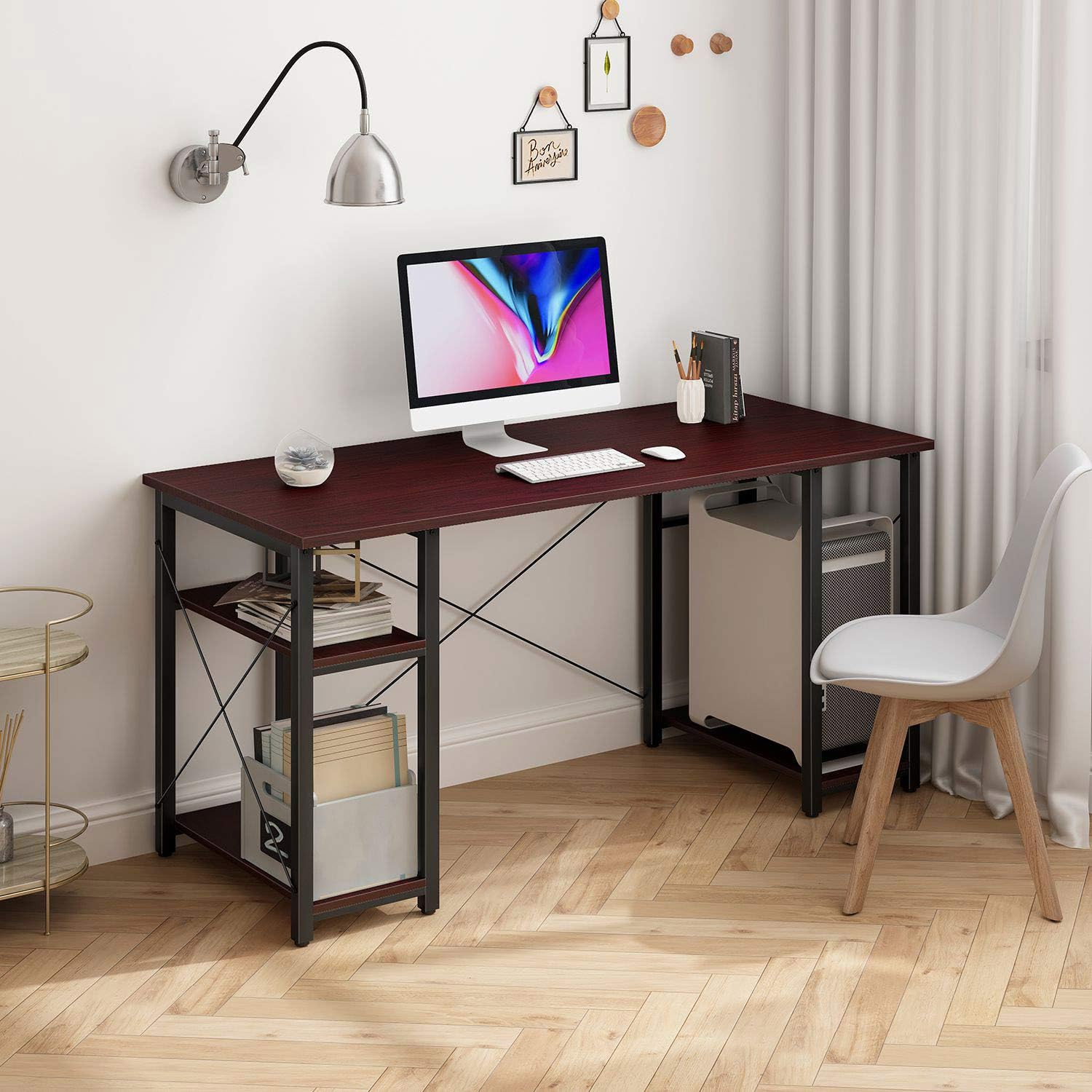 Computer Desk with Shelves,55" Modern Sturdy Writing Desk for Home Office,Office Desk with 3 Storage Shelves,African Walnut