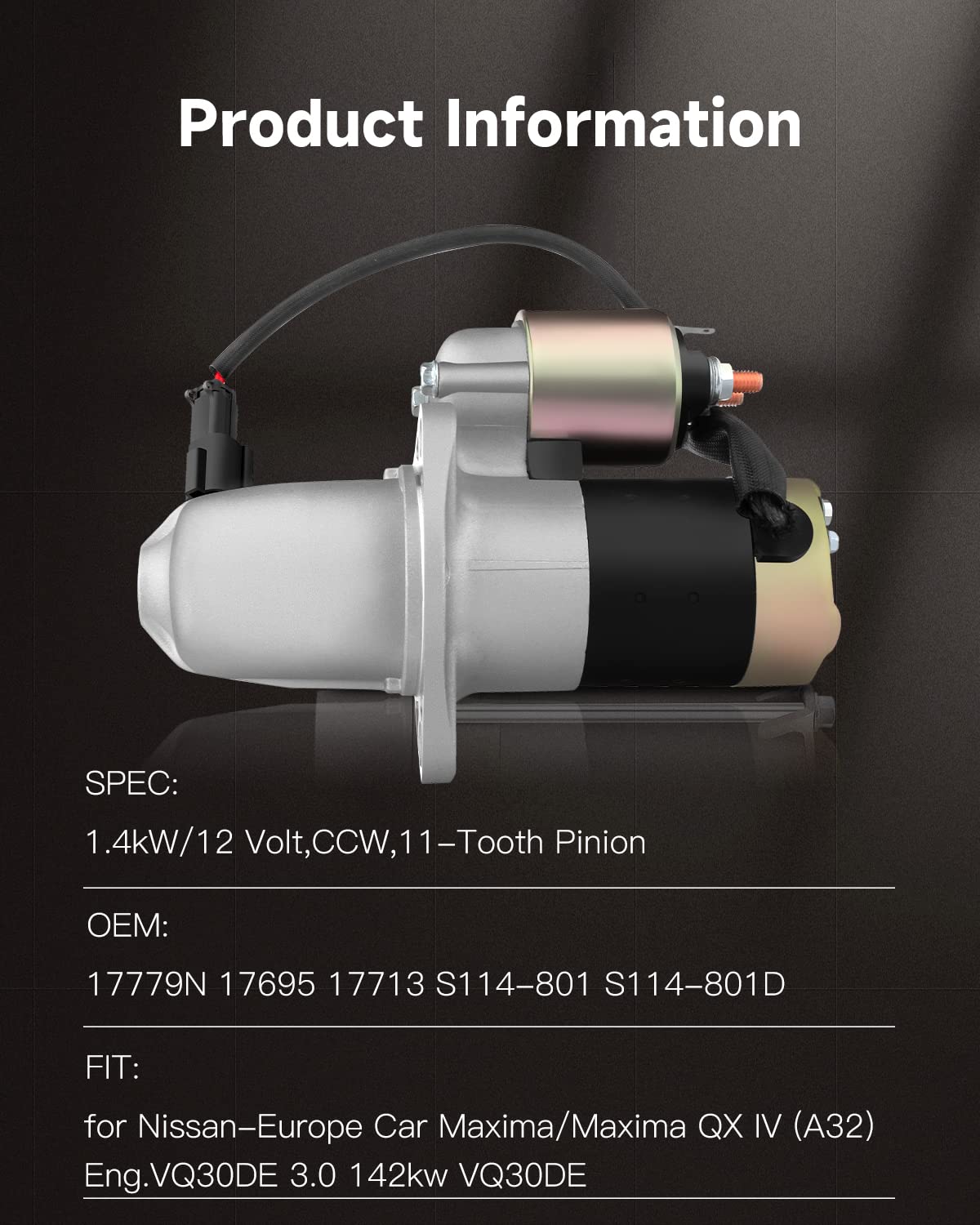 SCITOO Starter Motor For Nissan Maxima & Infiniti I30/I35 - 17779N, M000T87181, VQ30DE/VQ20DE, 1.4kW 12V CCW 10-Tooth