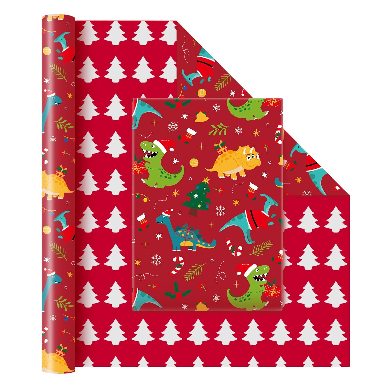 WERNNSAIDinosaur Christmas Wrapping Paper Jumbo Roll - 1 Roll 17” x 33 ft Cute Dino Kids Christmas Wrapping Paper Funny Christmas Wrap Decoration Reversible Xmas Tree Party Gift, Red
