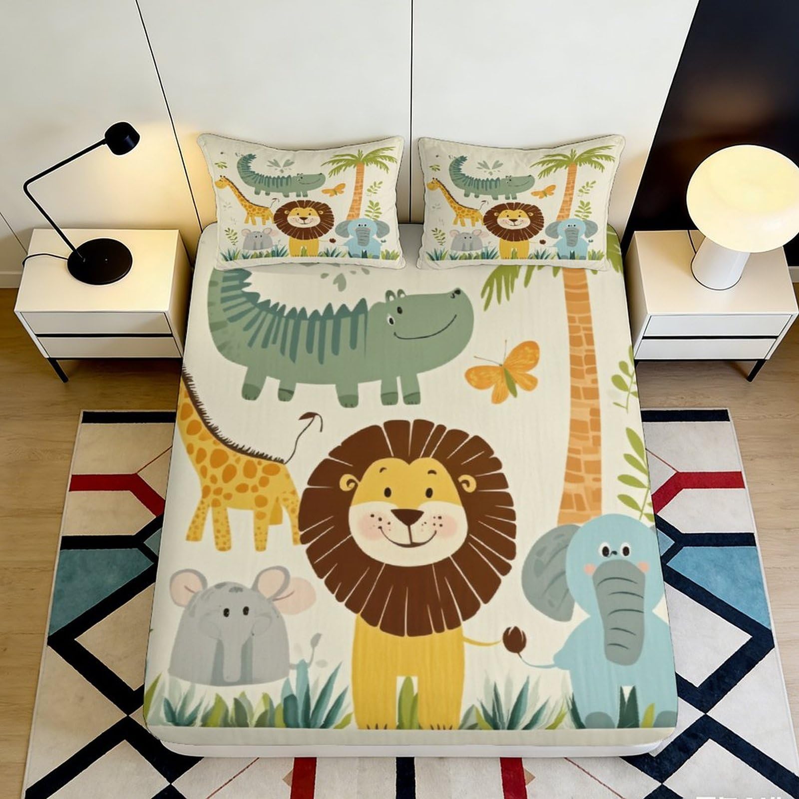 3D Printed Jungle Animals Fitted Sheet Microfiber Deep Pocket Non-Slip Animal Mattress Fitted Cover for Bedroom 200x200x25cm