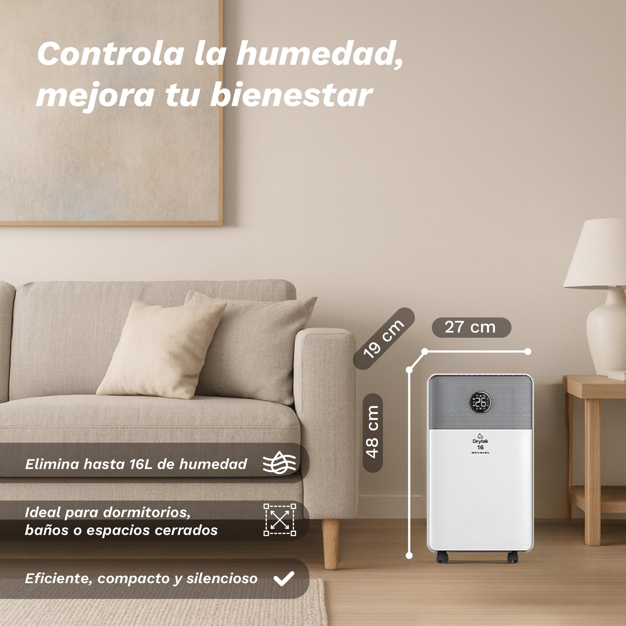 Grunkel Drytek Deshumidificador portátil 10L/día con WiFi y app, drenaje continuo, panel táctil, 100m³/h, depósito 2L, 240W bajo consumo, silencioso 42dB y temporizador 24h (16L/día)