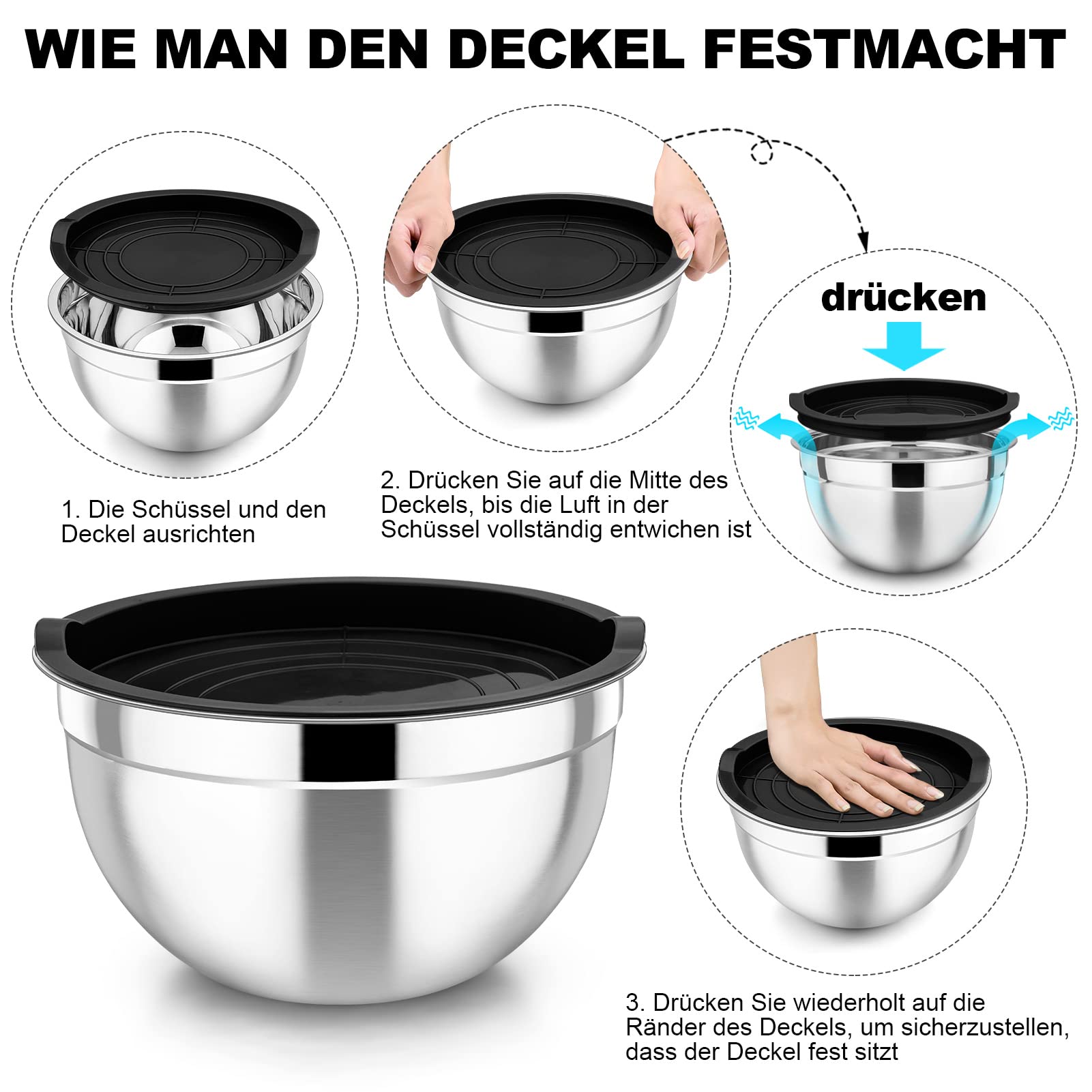 TEAMFAR Set 3 Ciotole In Acciaio Inox Con Coperchi Ermetici - 4,5L, 2,5L E 1,5L, Lavabili In Lavastoviglie, Colore Nero