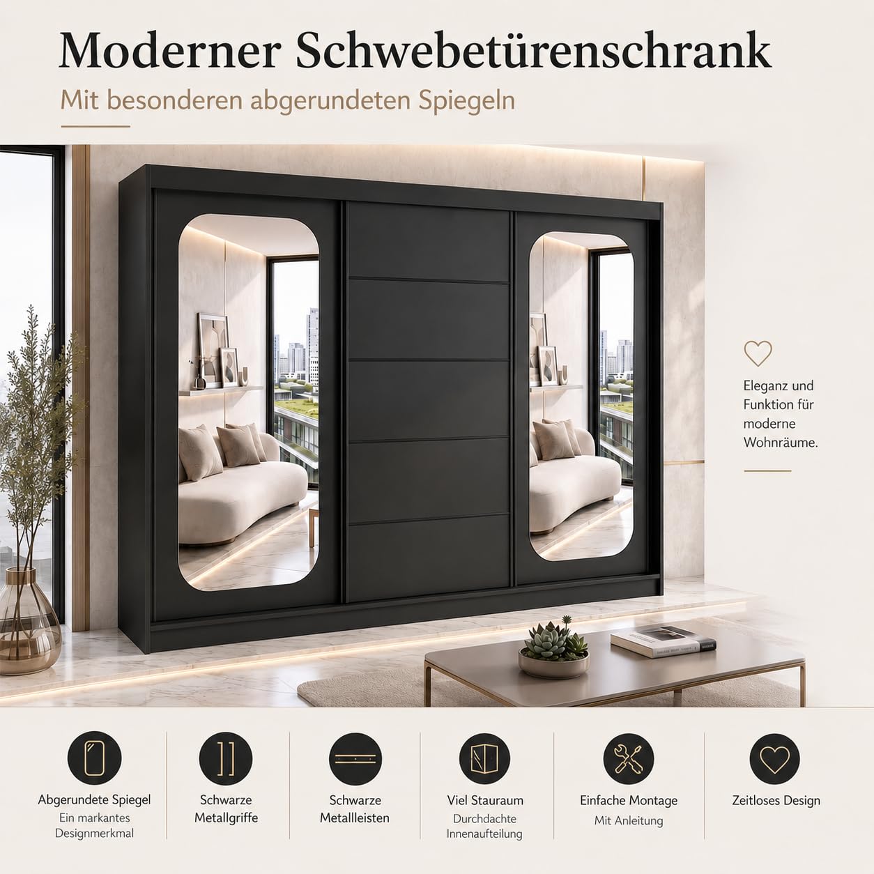 A&J MöbelLand BELANO Kleiderschrank mit Spiegel, Schwebetürenschrank 200 x 215 x 59,5 cm, 4 Schubladen, Kleiderstangen und Einlegeböden, Weiß/Graphit, Premium