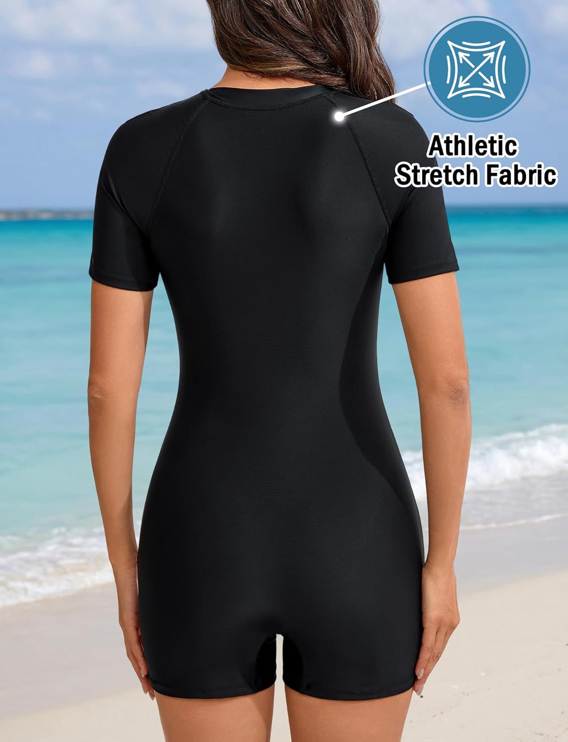Women's One Piece Short Sleeve Swimsuit UPF 50+ Rash Guard Zip Front Bathing Suit with Built in Bra - Image 2