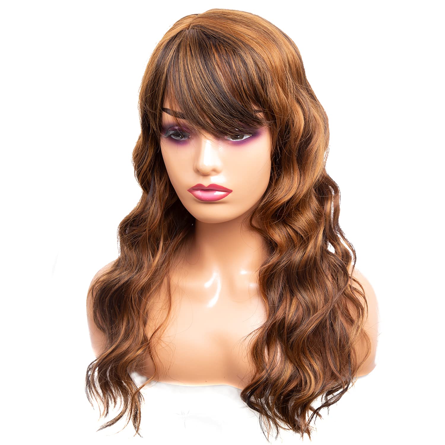 Long Dark Brown Wig, Wig with Bangs Synthetic Wavy Wigs for Women Body Wave Brown Wig with Bangs Brown Hair Wigs Highlight by Sheila Beauty(20 Inch,42730#)