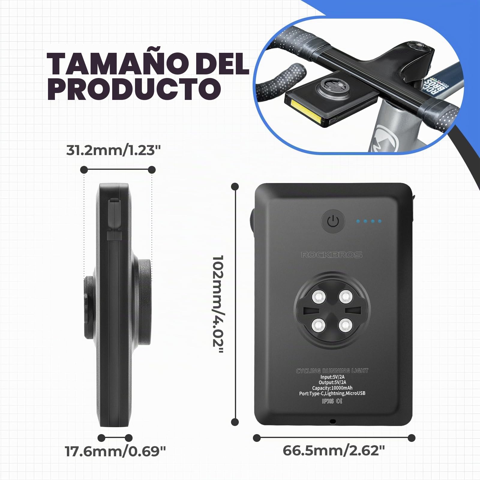 ROCKBROS Luz Bicicleta Delantera Power Linterna Móvil, 5 Modos Iluminación IP64 Impermeable Banco de Energía Tipo-C Compatible con Garmin Ciclocomputadores GPS Base