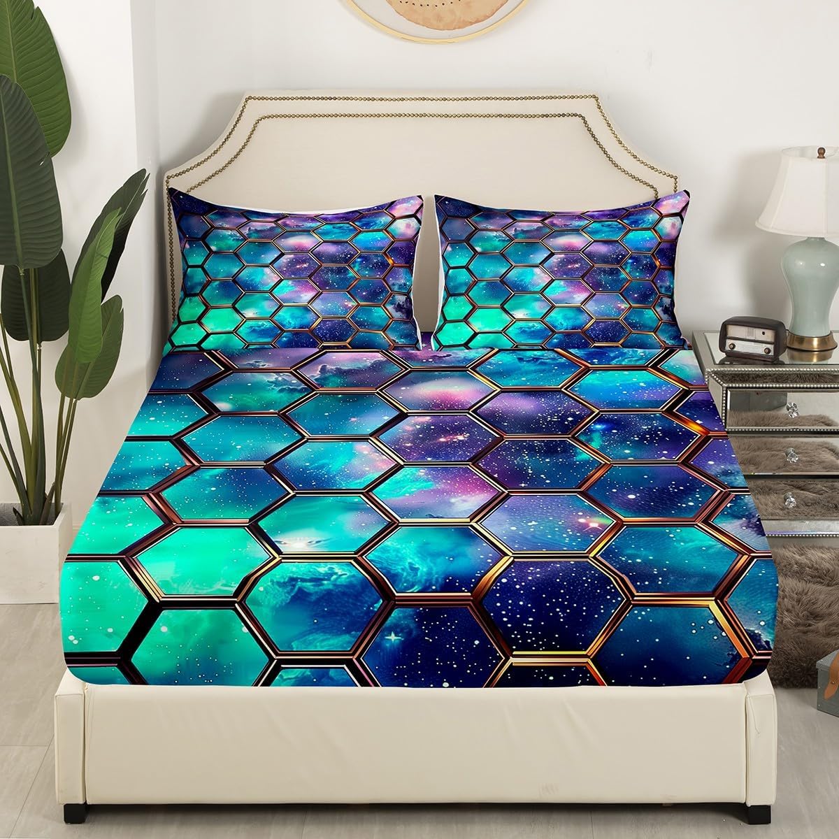 Abstract Honeycomb Mattress Cover Queen Size,Glitter Stars Galaxy Outer Space Fitted Sheet with 2 Pillowcases,Geometric Hexagon Green Blue Nebula Polyester Mattress Protector for Kids,(No Top Sheet)
