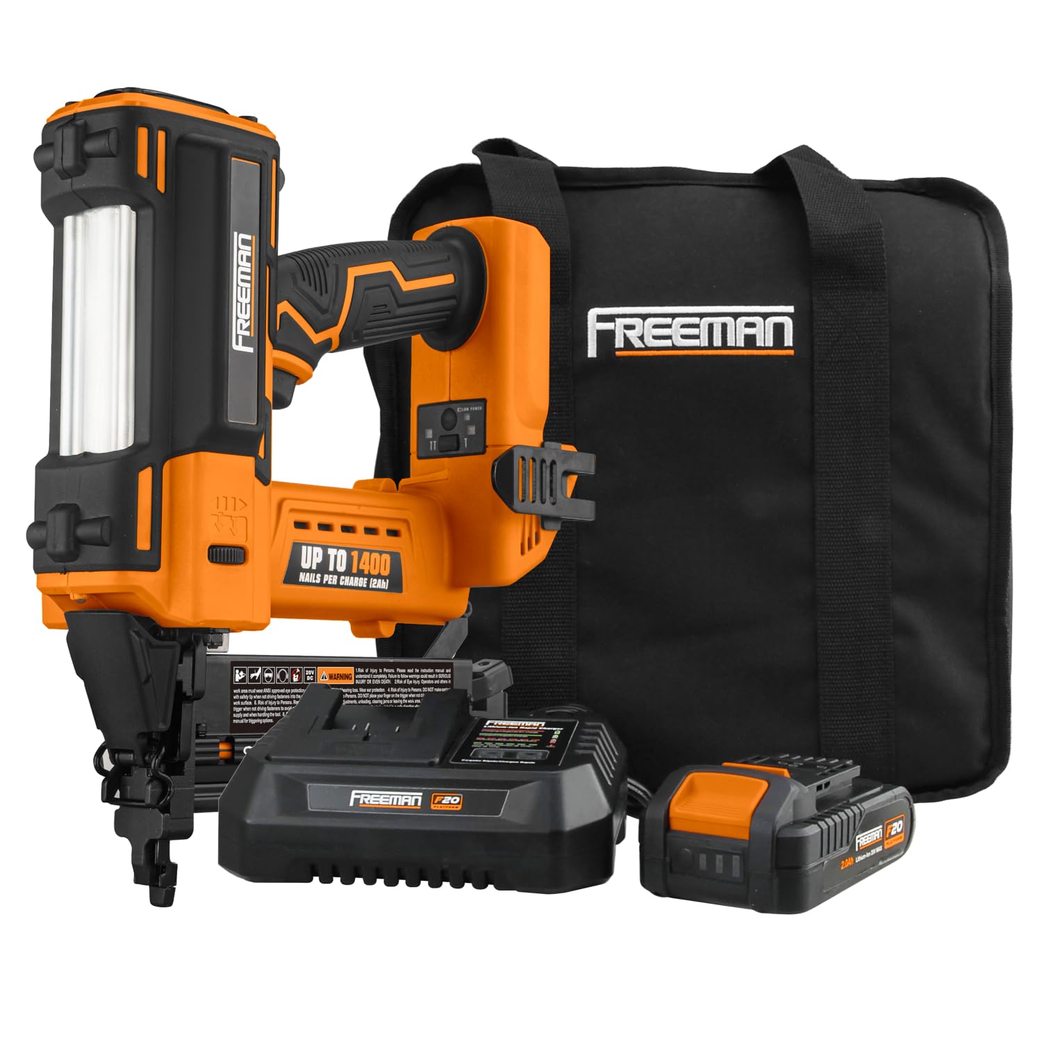 Freeman PE20V2118G2 20 Volt Cordless 2-in-1 18-Gauge Nailer/Stapler Kit with Lithium Ion Battery, Charger, Bag, and Fasteners (400 Count) – 1400 Shots