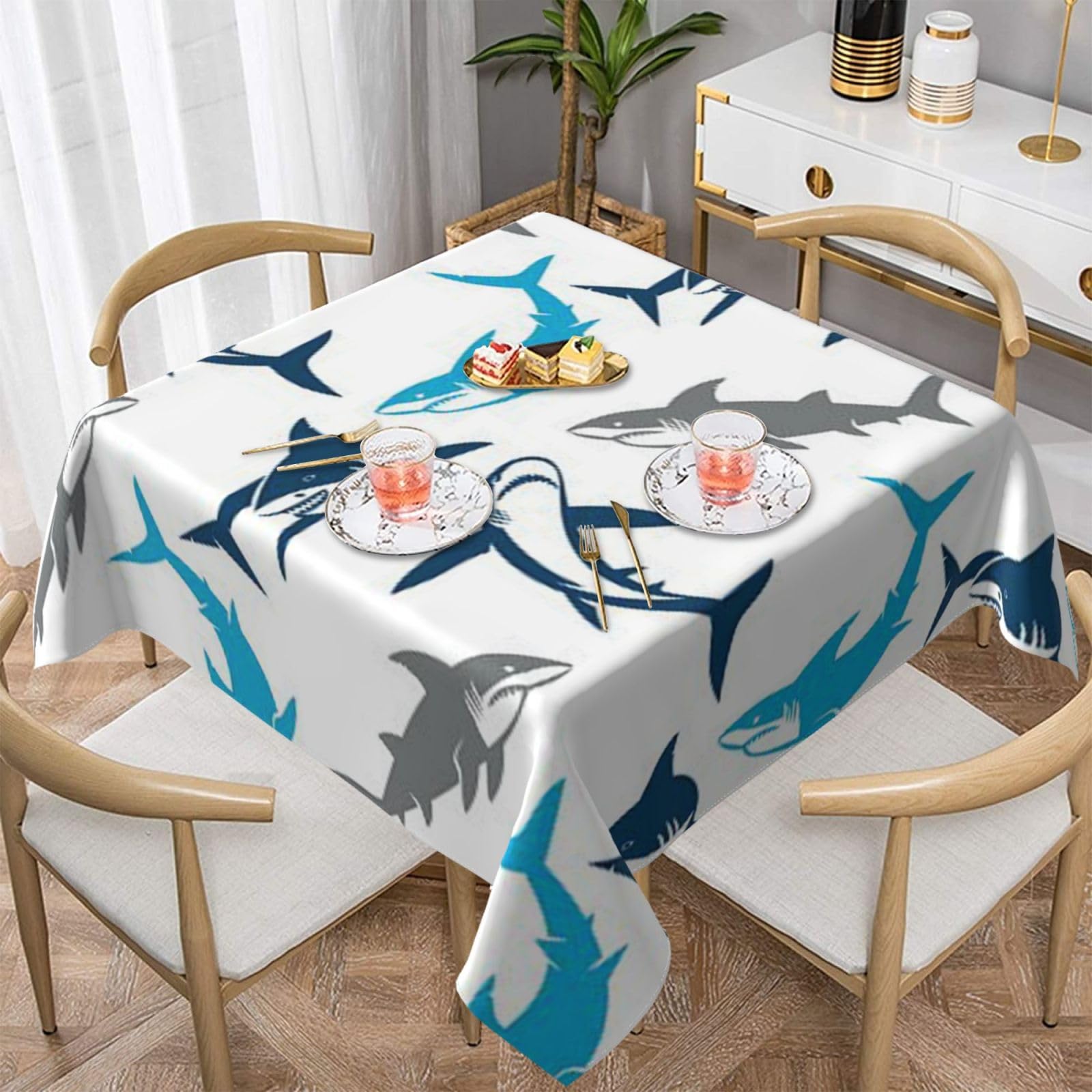 DCEHGEW Sharks Prints Square Tablecloth 137x137 CM, Waterproof Fabric Table Cloth for Dining Table, Farmhouse Table Cover for Kitchen Dining Tabletop Decoration