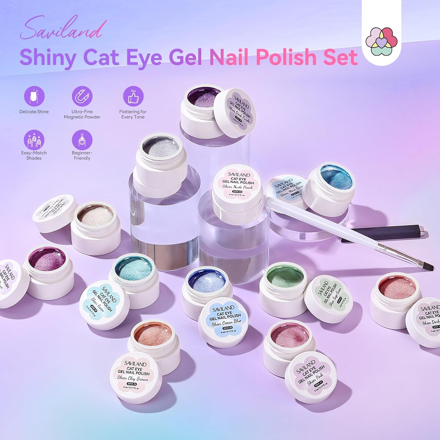 SAVILAND Cat Eye Gel Nail Polish: 12 Colors Shimmer Glitter Cateye Gel Polish Art Delicate Magnetic Nail Polish Pen Quick Dry with Magnet Stick Smooth DIY Manicure Salon Velvet Nails 5ml