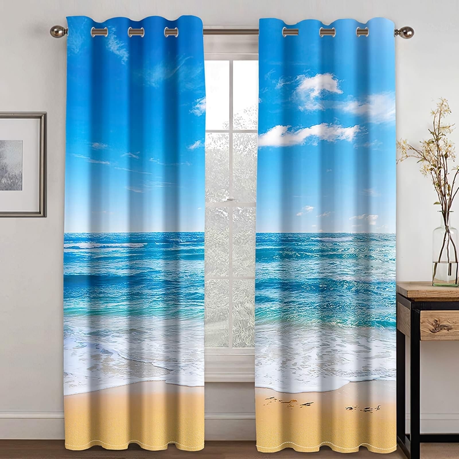 Wycian Deko Boho Style Vorhang Weiß Blau Braun 2 Er Polyester Blauer Himmel und Meer H274 X B244Cm für Schlafzimmer