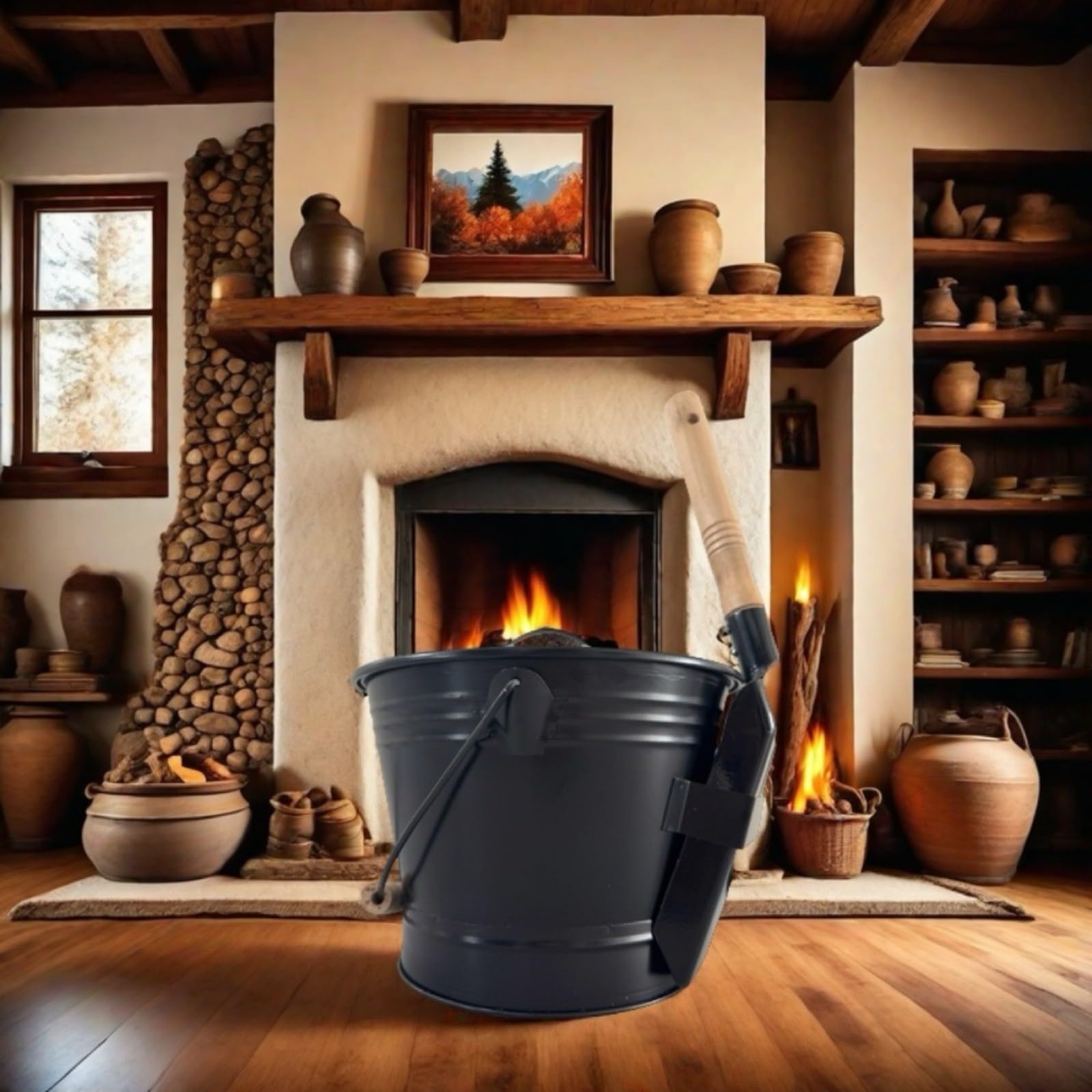 Secchio rotondo per cenere con coperchio e strumenti, contenitore ignifugo in ferro zincato resistente per barbecue a legna a carbone, set di pulizia della casa 18 x 31 cm