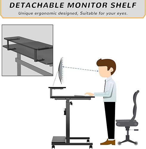 Miniatura 5 de DESIGNA Escritorio para computadora de pie ajustable en altura, escritorio móvil de 41 pulgadas, estación de trabajo portátil con ruedas, estación