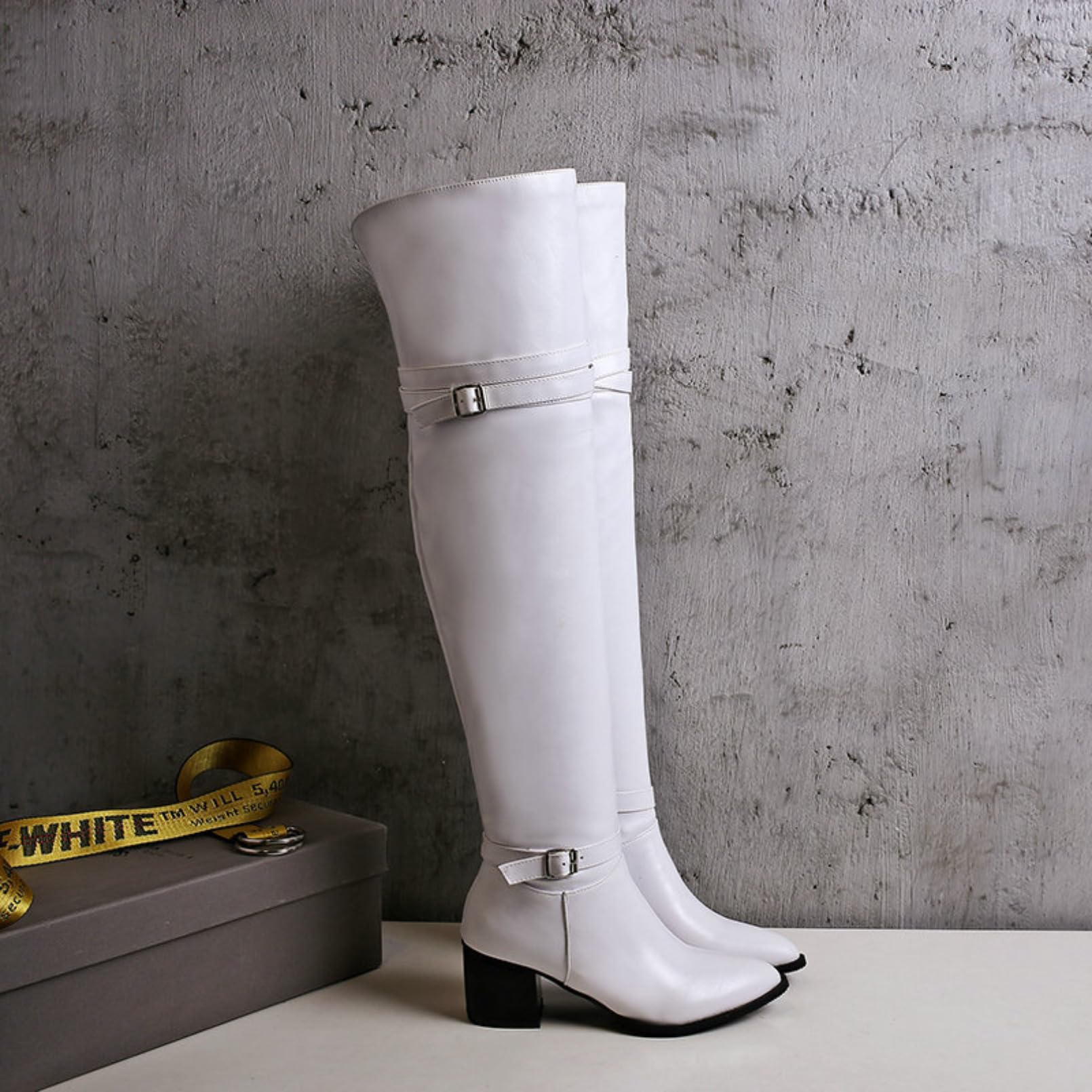Mujer Botas Altas por Encima De La Rodilla para Punta Afilada Grueso Botas Largas De Cuero PU Slip-On Hebilla Botas Altas Tacón Botas Montar Botas Cálidas De Invierno