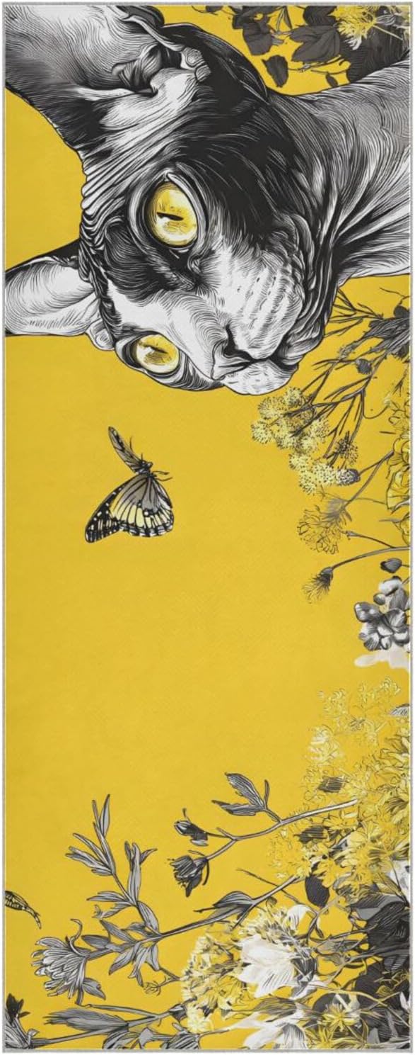 Yoga Mat Towel with Silicone Grip Dot Sphynx Flowers Yellow – 73"x27" Non-Slip Sweat Absorbent Microfiber Yoga Towel for Home Gym Studio