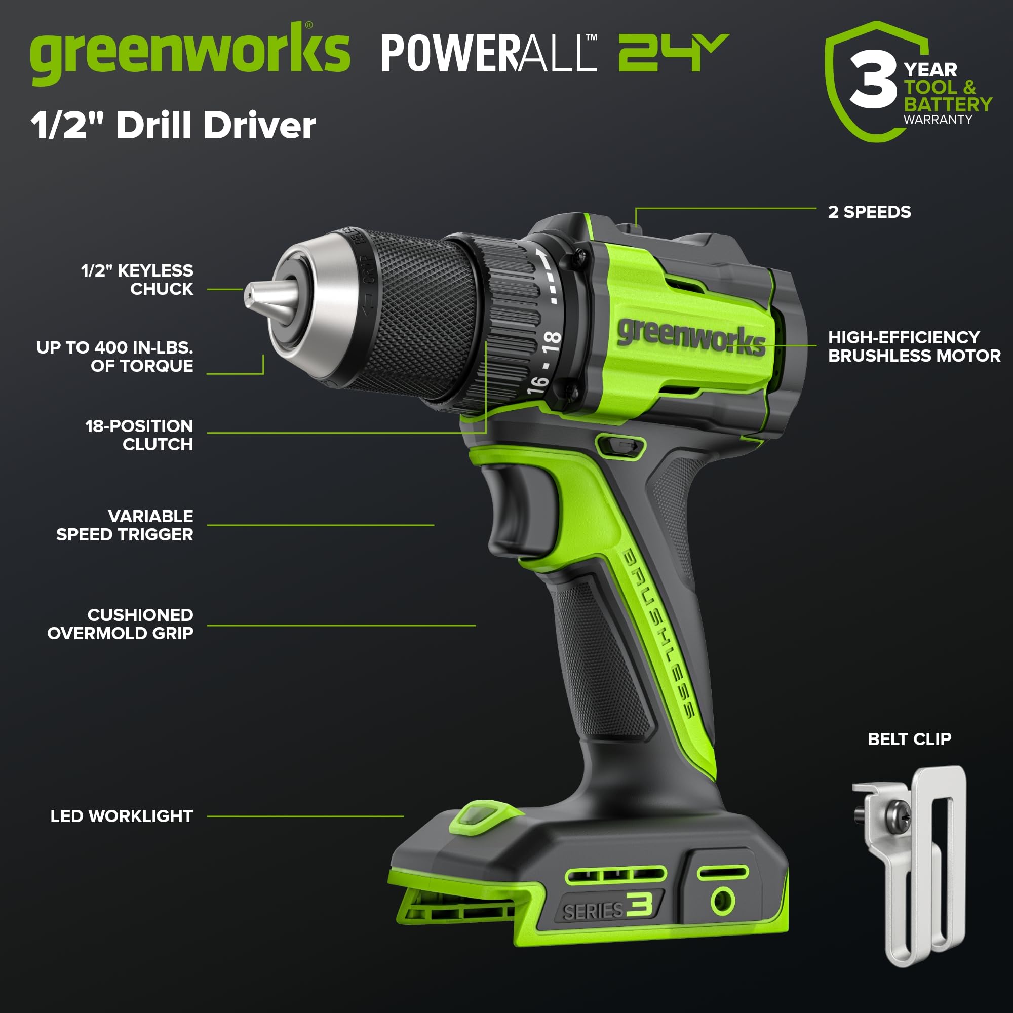 Greenworks 24V Trapano Avvitatore a Batteria 45Nm Brushless Trapano Avvitatore Batteria, luce di lavoro a LED, frizione 18 + 1, batteria USB-C 2.0Ah (12.000mAh), caricabatteria USB-C da 30W DD345
