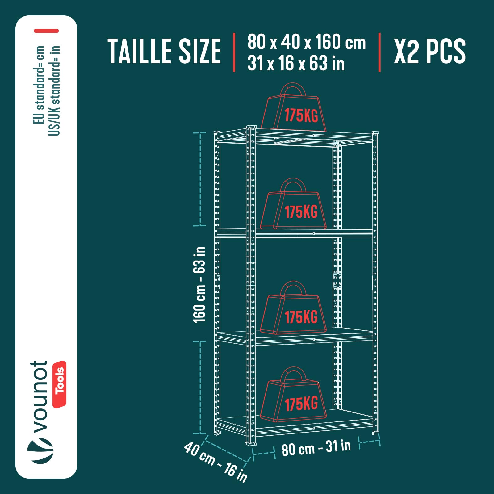 VOUNOT® Schwerlastregal 2er Set, Regal Lagerregal Kellerregal Steckregal Werkstattregal, 160x80x40cm, 4 verstellbare Böden, 700kg belastbar