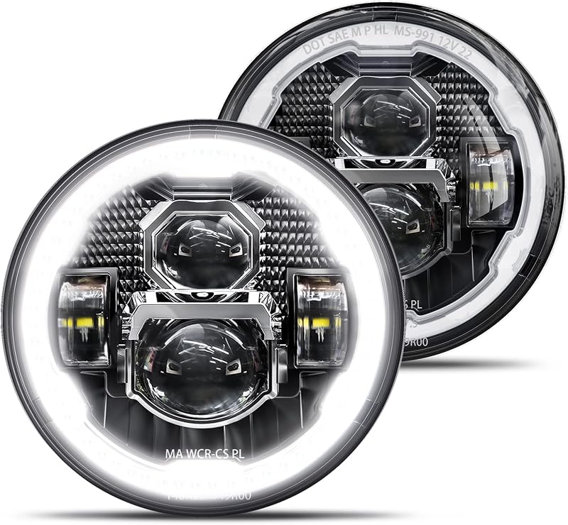 Farol de LED redondo HWSTAR H6024 com Halo DRL e luz alta/baixa para Jeep Wrangler – Par com 2