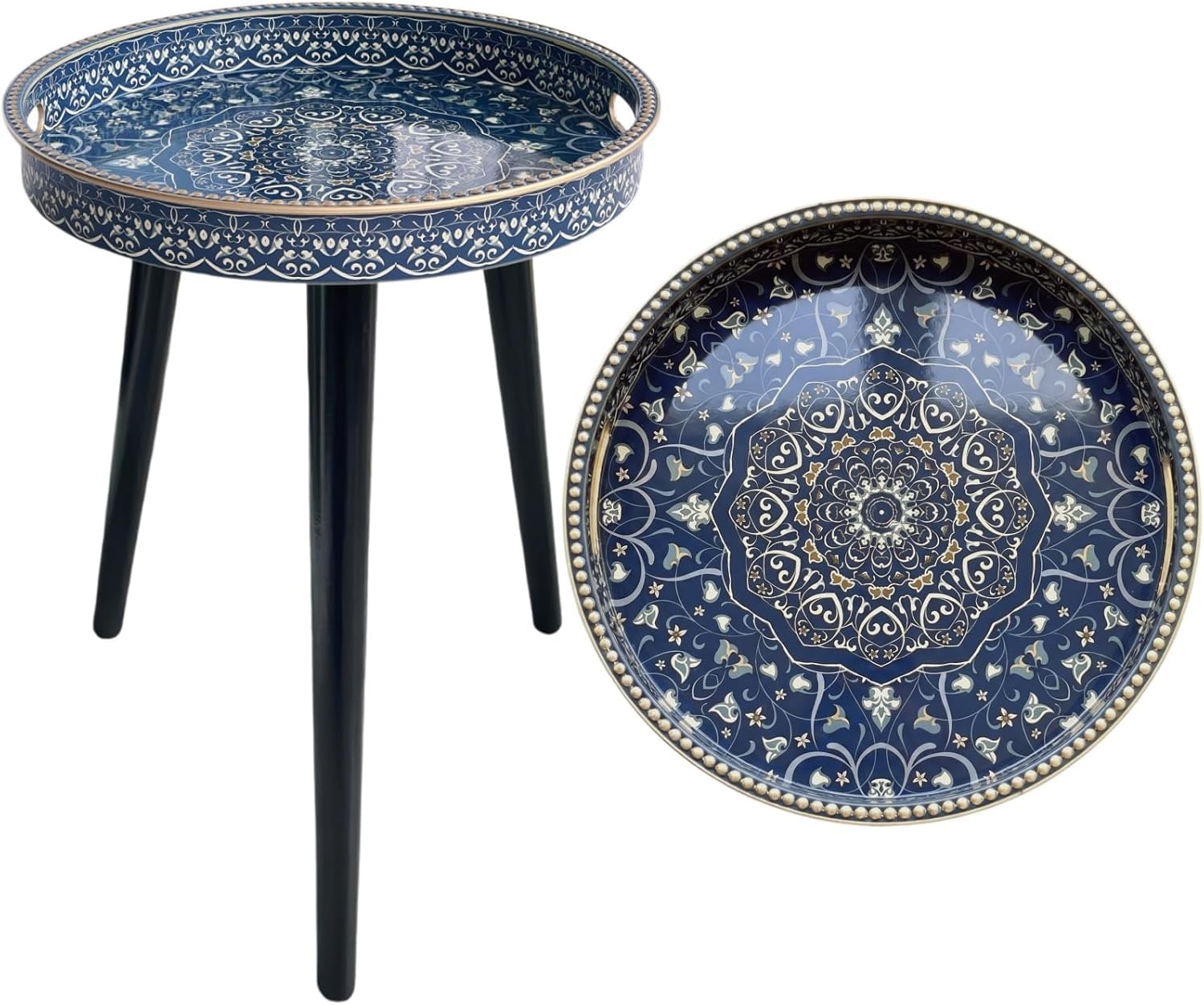 Simmer Stone Side Table with Removable Tray Top – Lightweight Portable Small End Table for Living Room, Bedside Nightstand, Reading Nook – Green Leopard Table, 33cm Tray (Blue Maze)