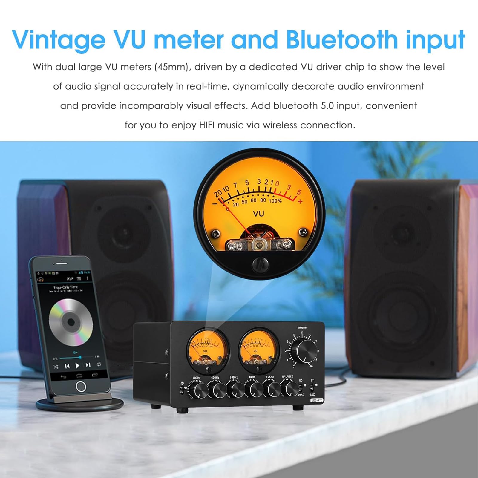 Preamplificatore Audio, Equalizzatore EQ a 5 Bande, con Misuratore VU, Manopola di Controllo del Volume, Audio Decorato Dinamicamente, per Stereo Domestico/Altoparlante per Computer