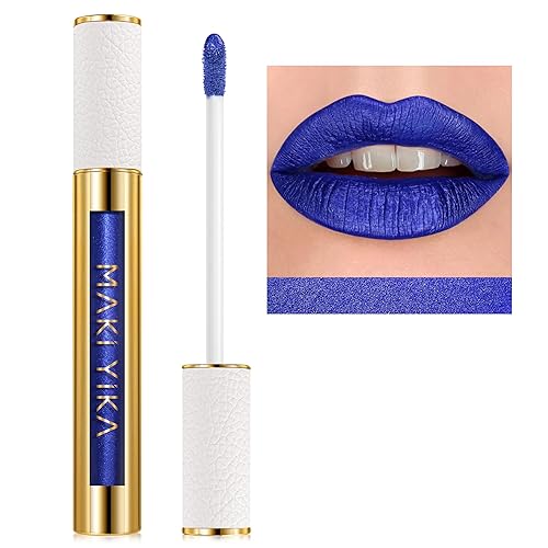 MAKI YIKA Blue Lipstick for Women Metallic Lipsticks Glitter Long Lasting Lipstick No Smudge No Transfer Liquid Pink Lip Gloss (BR015 Blue Storm) - BR015 Blue Storm
