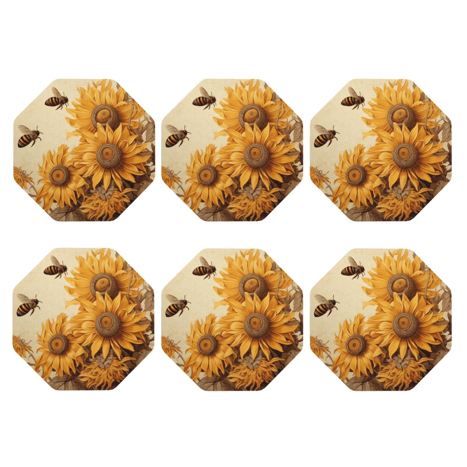 6pcs Leather Coasters for Drinks, Bees and Sunflowers Drink Coasters for Tabletop Protection, 4" Cup Coasters for Coffee Table Decor, Non-Slip Drinking Cup Mat for Hot Or Cold Drink