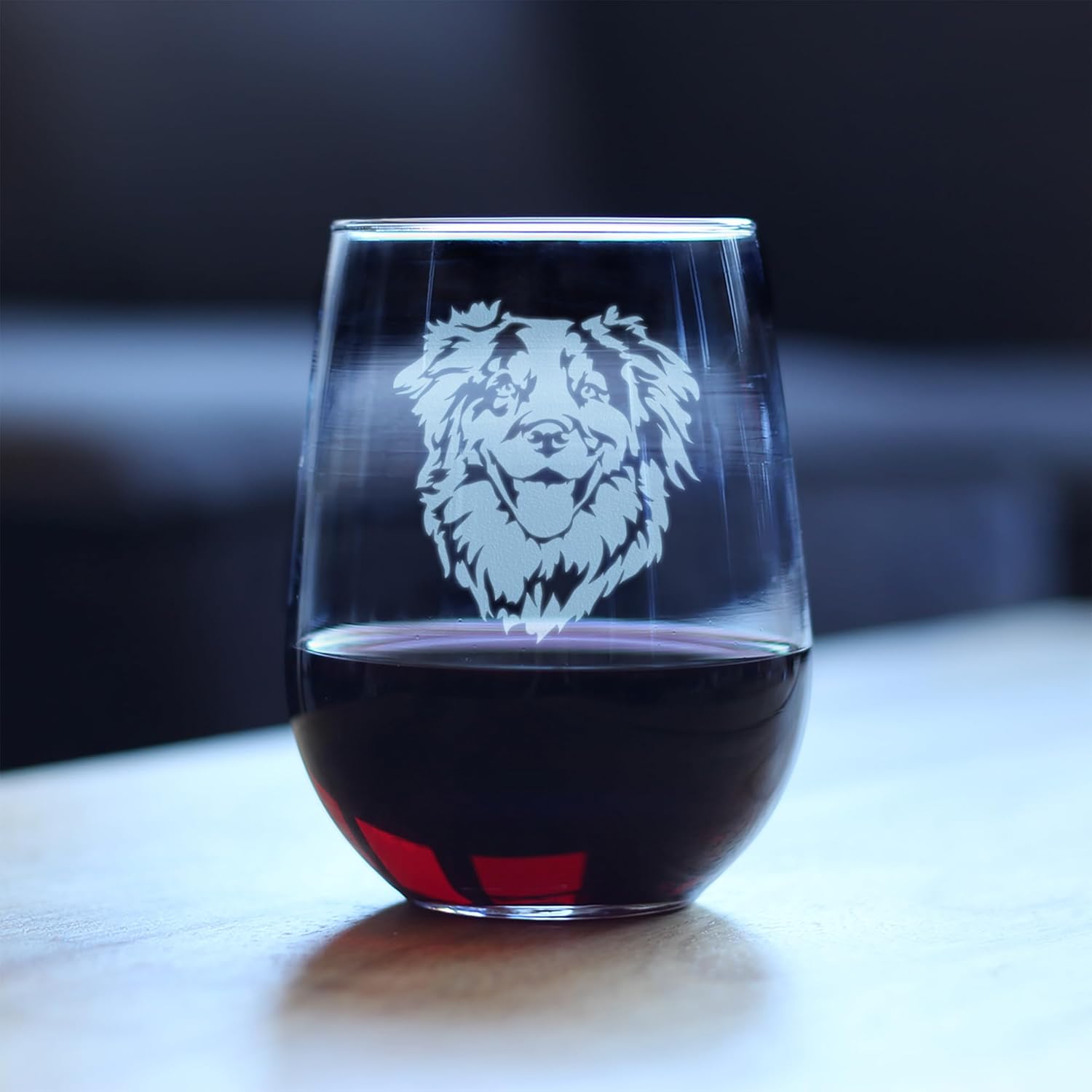 Custom Australian Shepherd Face - Stemless Wine Glass - Unique Dog Themed Decor and Gifts for Lovers of Aussies - Large 17 Ounce - Customized Glasses