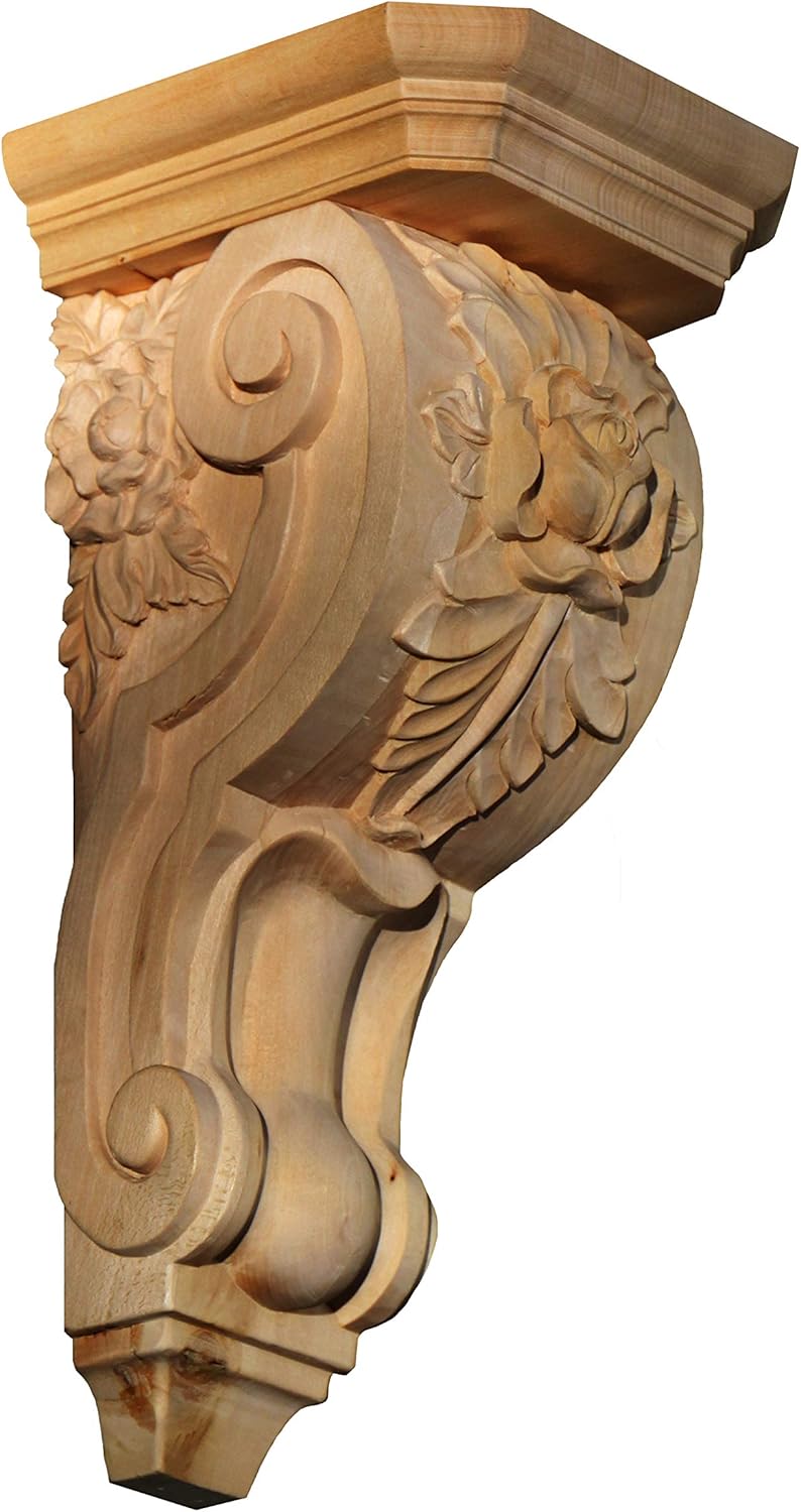 Hand Carved Large Rose Corbel in Basswood (6-1/4"W X 6-3/4"D X 14"H)