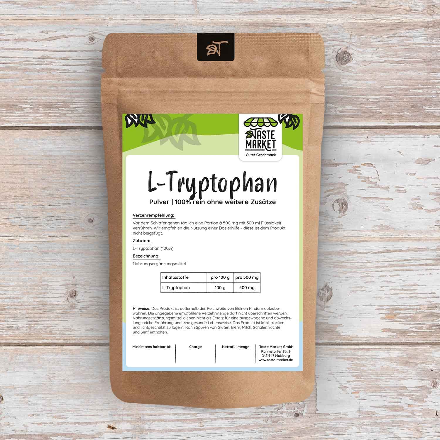 L-Tryptophan Pulver 500g – Reine Aminosäure – Ohne Zusätze – Geschmacksneutral – Frei Dosierbar – TASTE MARKET