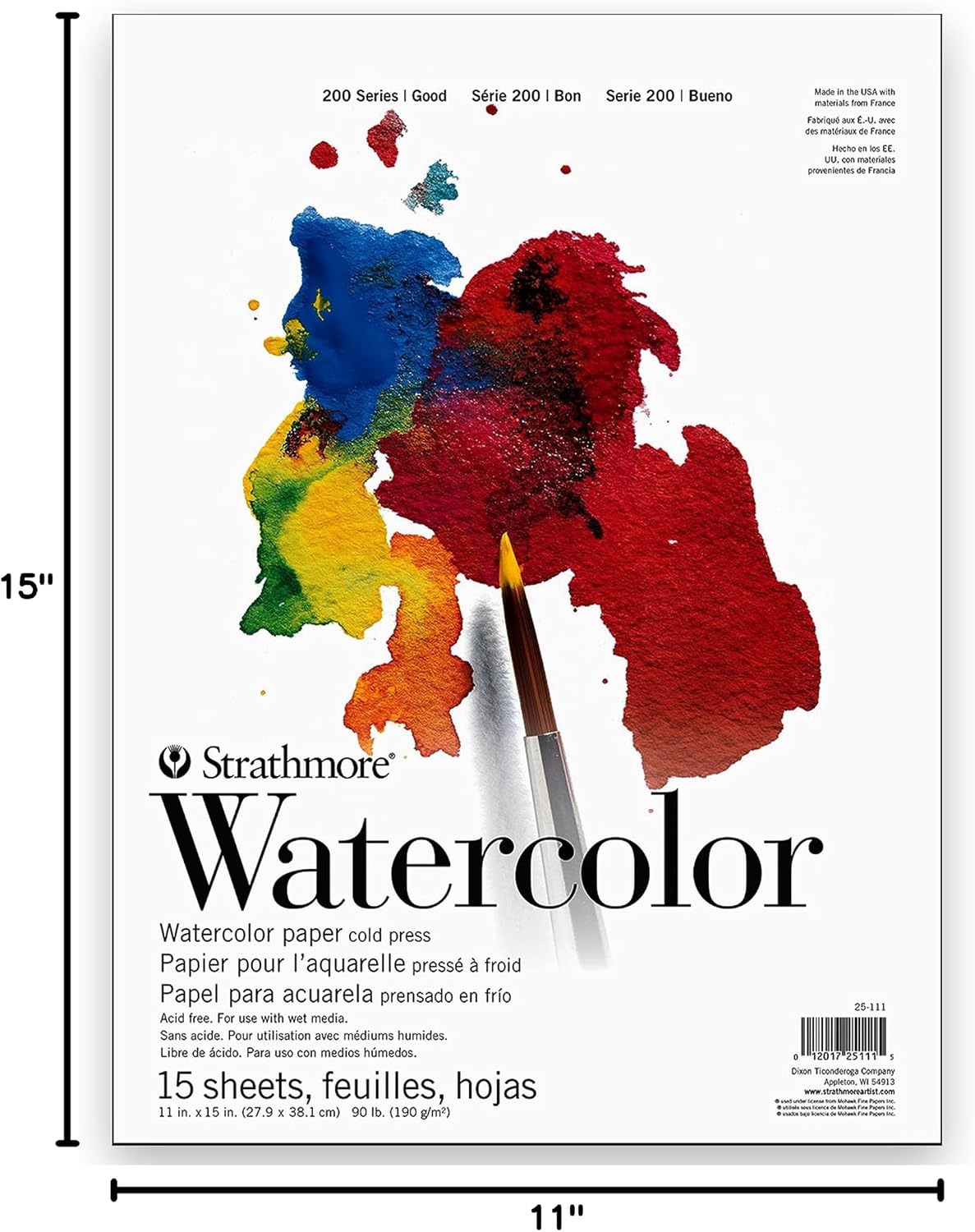 Strathmore 200 Series Watercolor Paper, Tape Bound Pad, 11x15 inches, 15 Sheets (90lb/190g) - Artist Paper for Adults and Students - Watercolors, Mixed Media, Markers and Art Journaling