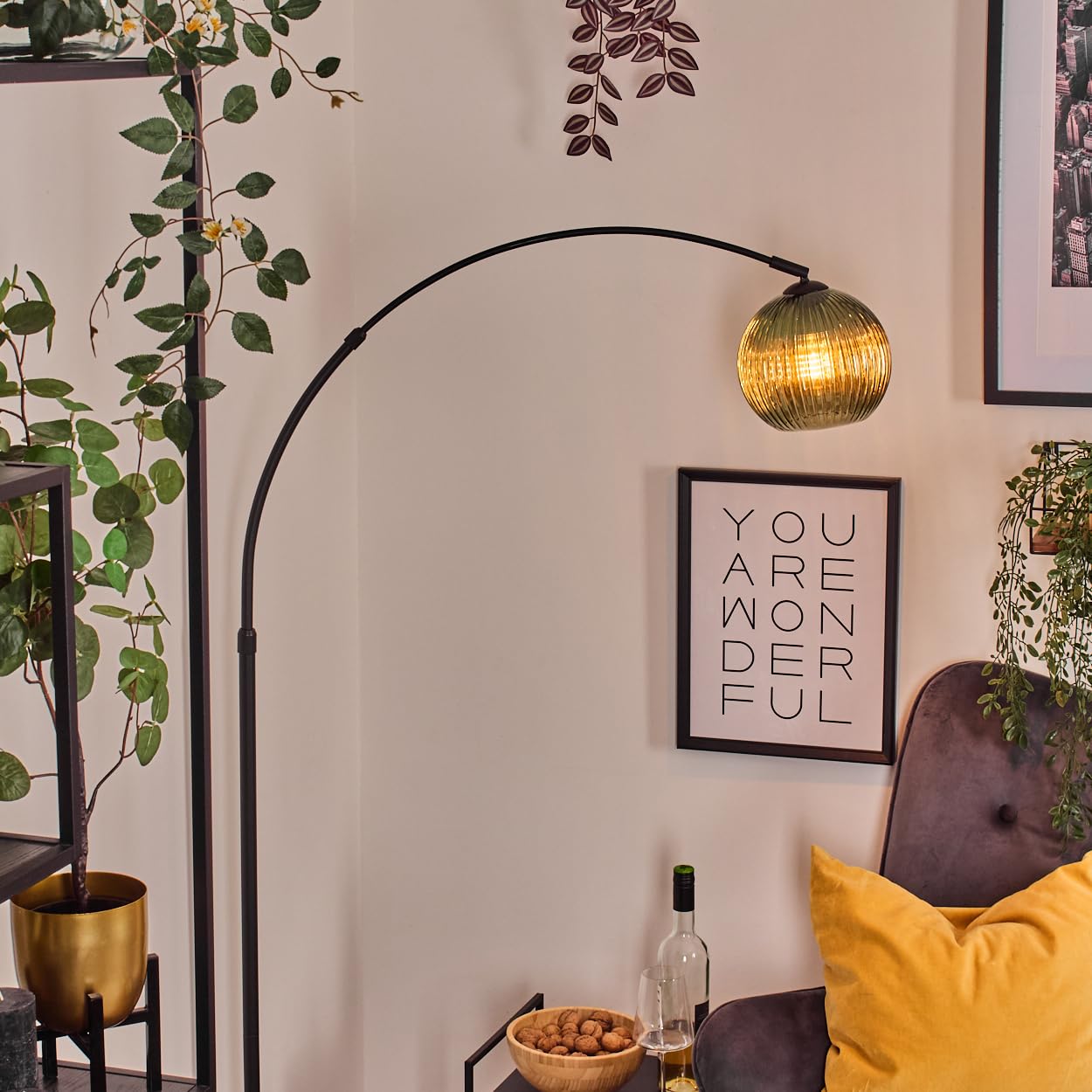 HOFSTEIN Stehleuchte Koyoto, Stehlampe aus Metall/Riffelglas in Schwarz/Grün mit Marmorfuß, verstellbare Leuchte im Retro-Design (Schirm Ø 20 cm), Fußschalter, E27, Wohnzimmer, Schlafzimmer, Flur