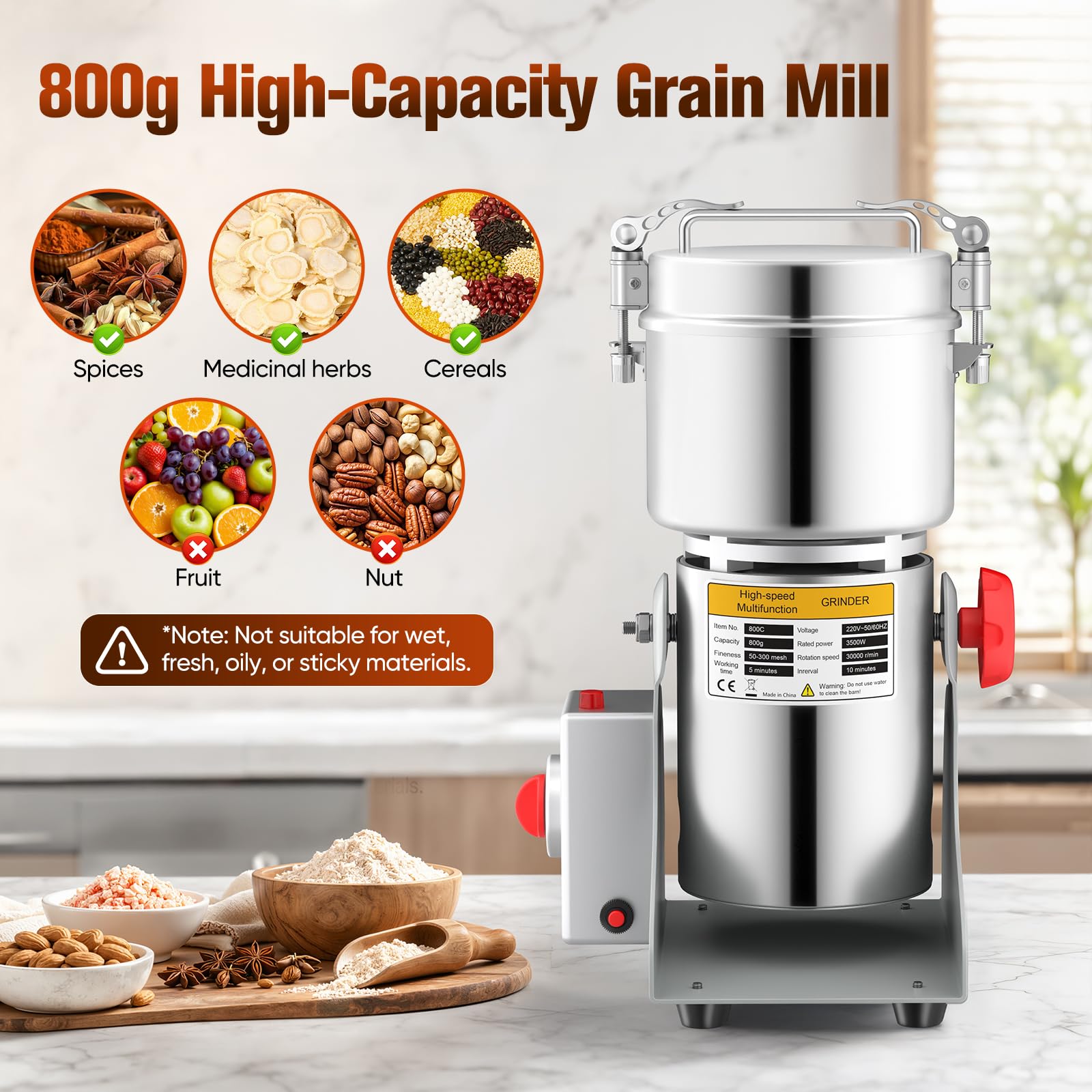 Molinillo de granos 800 g, 3500 W, 30000 RPM, eléctrico de especias con temporizador 5 min y tamiz, acero inoxidable, para hierbas, frutos secos, granos de café, uso doméstico y comercial